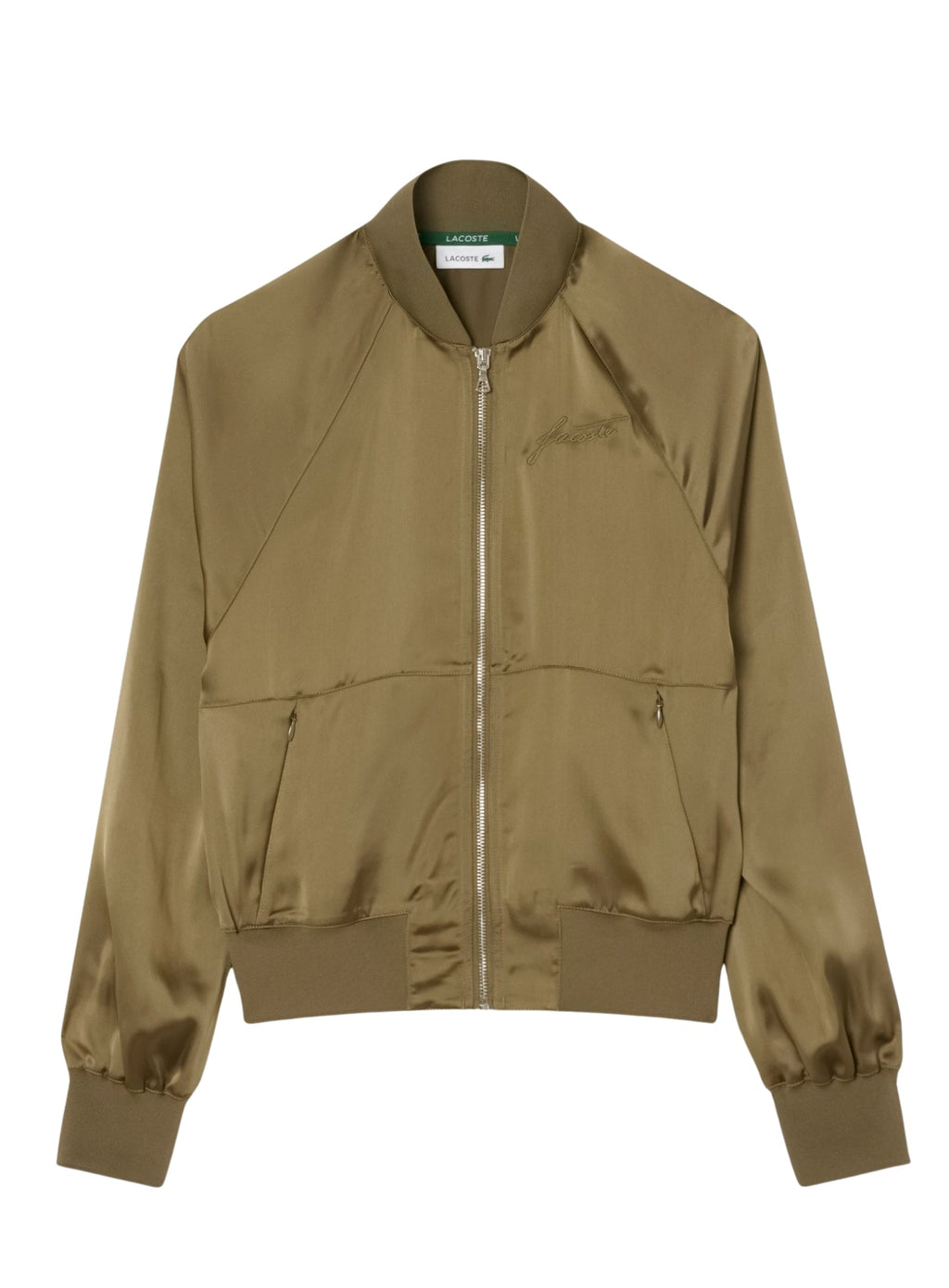 LACOSTE WOMEN Oversized Embroidered Signature Satin Bomber Jacket Khaki Green