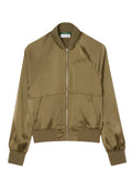 LACOSTE WOMEN Oversized Embroidered Signature Satin Bomber Jacket Khaki Green