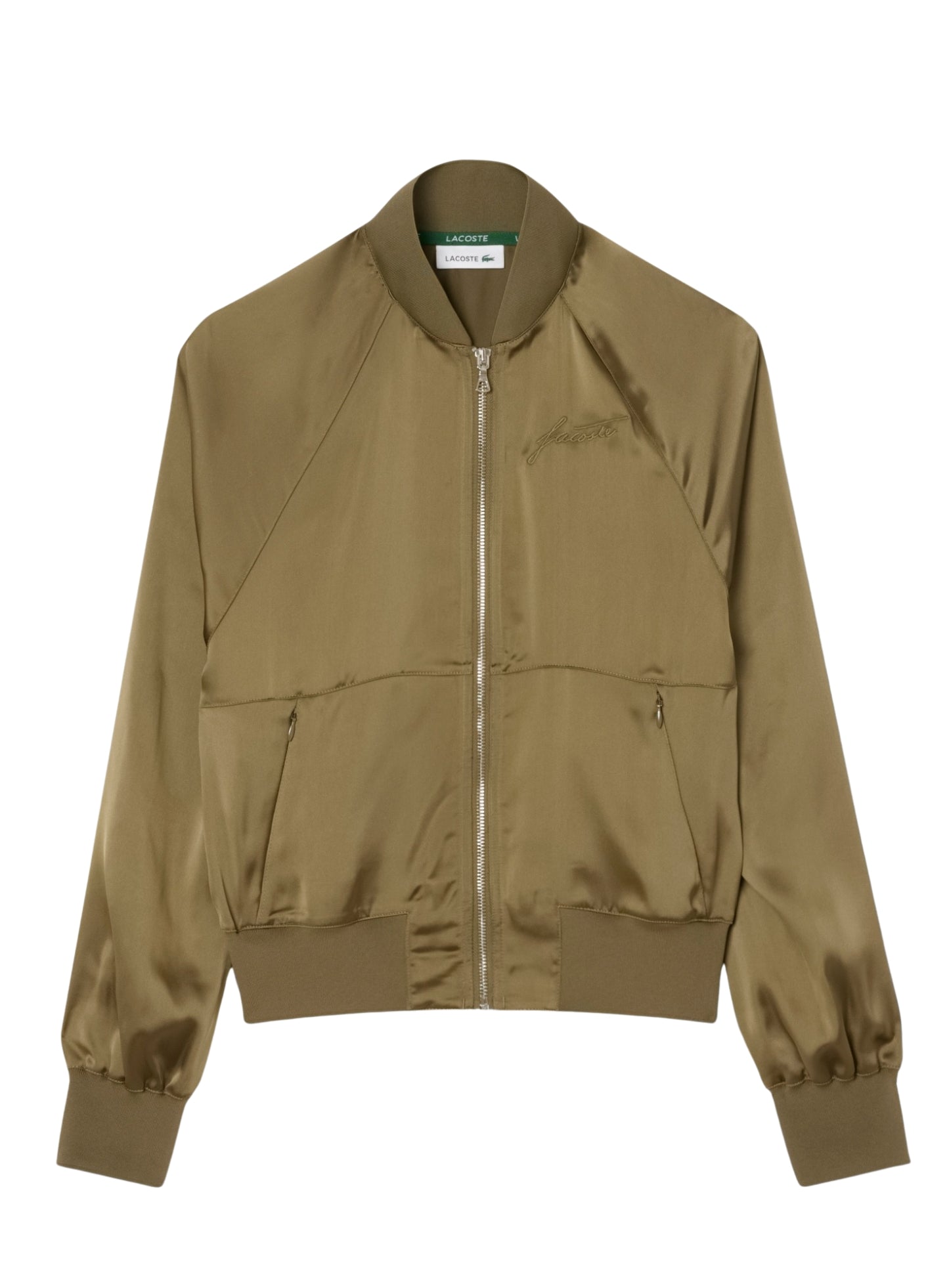 LACOSTE WOMEN Oversized Embroidered Signature Satin Bomber Jacket Khaki Green