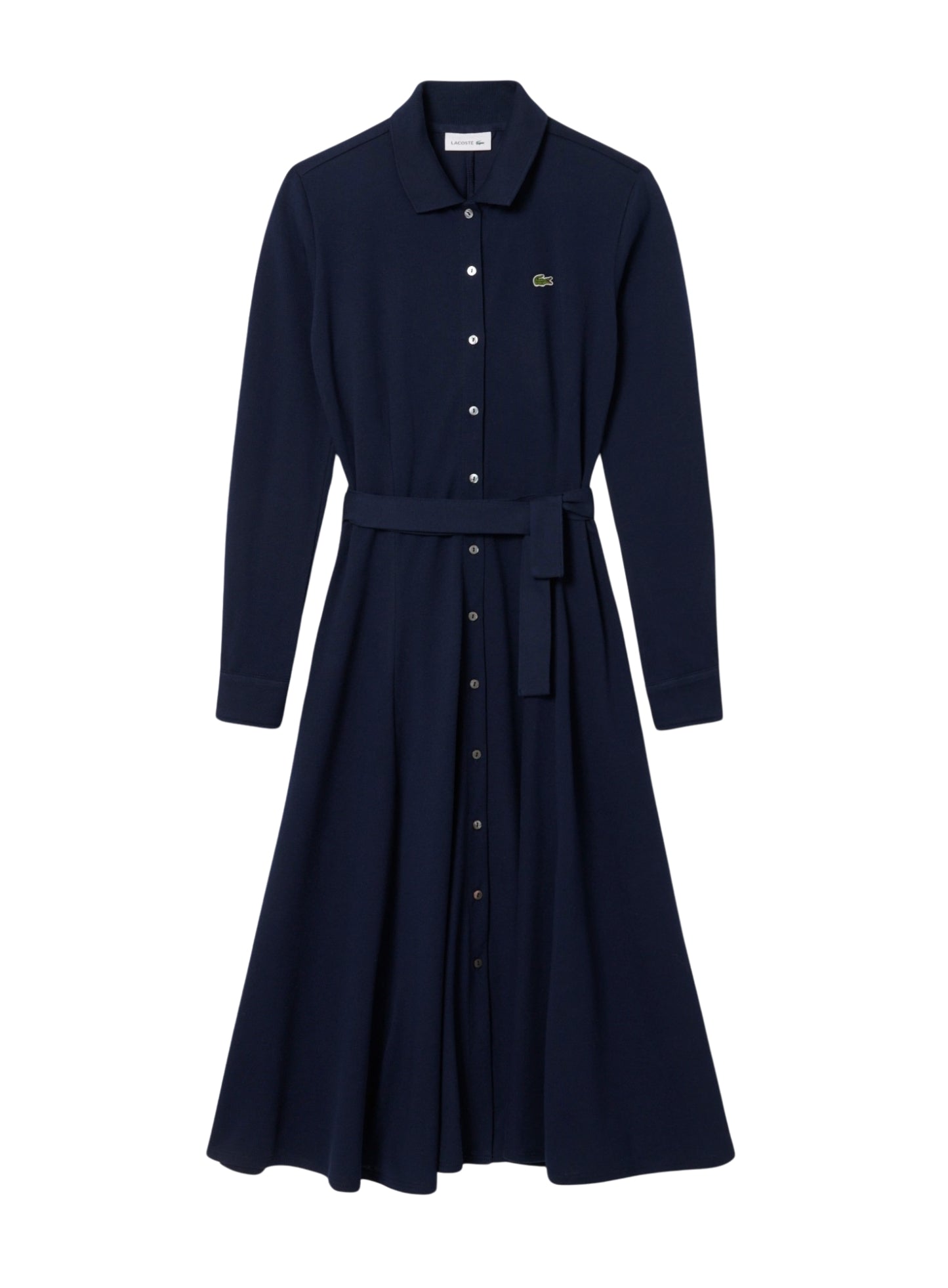 LACOSTE WOMEN Polo Collar Belted Petit Piqué Dress Midnight Blue