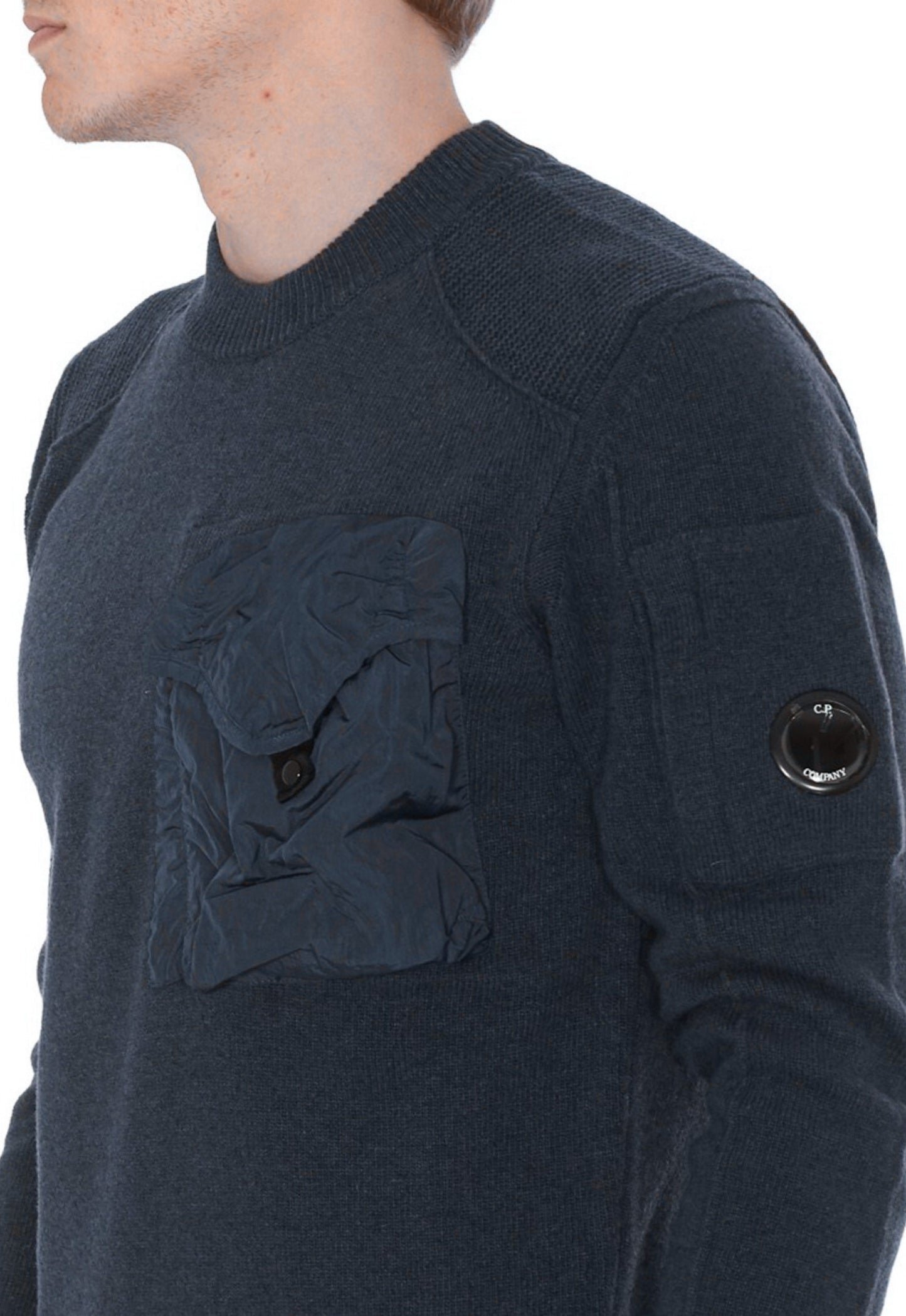 C.P COMPANY Knitwear Sweater Nylon Pocket Wool Crew Neck Blue