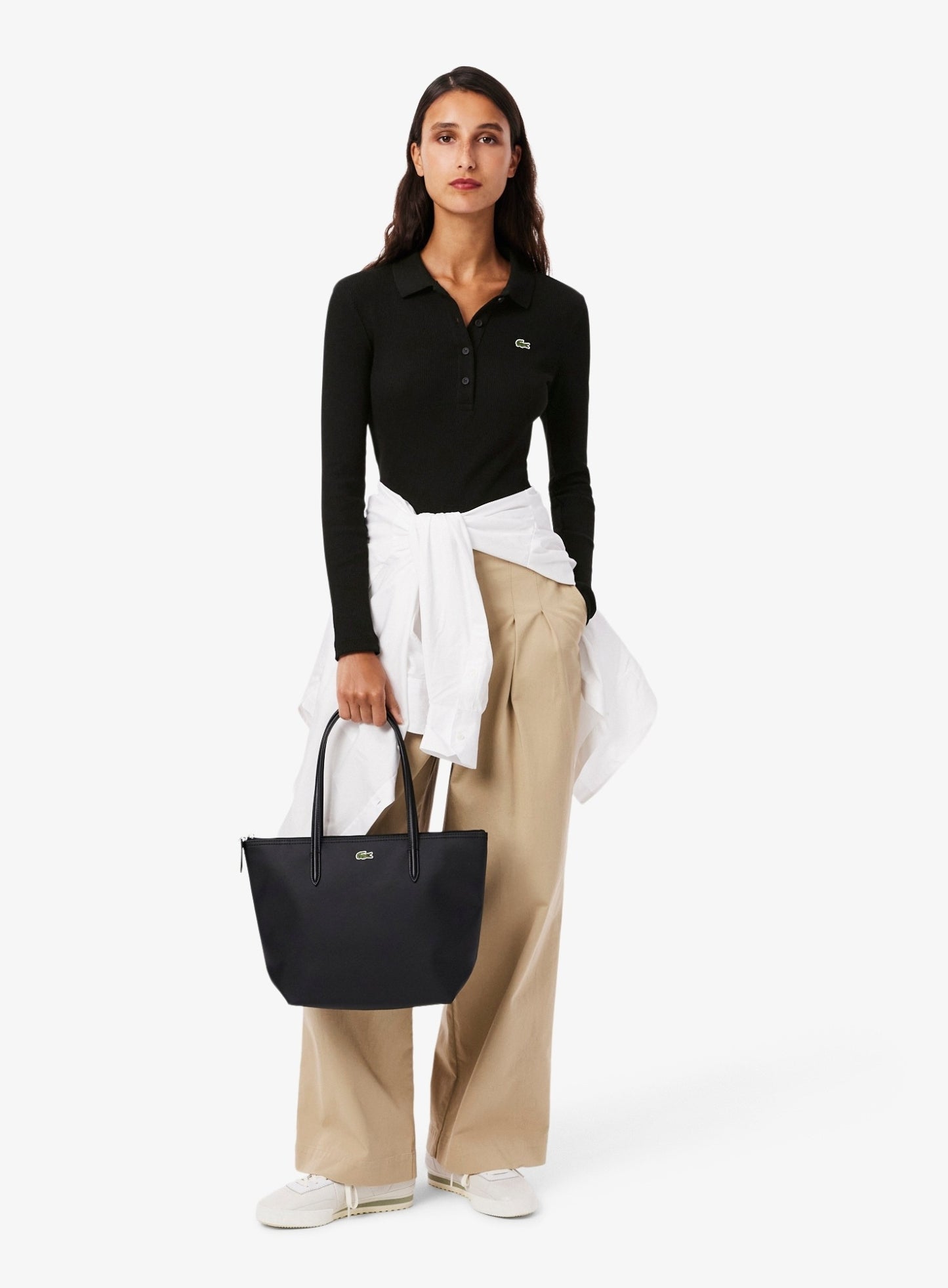 LACOSTE WOMEN Slim Fit L.12.D Ribbed Cotton Long Sleeves Polo Shirt Black