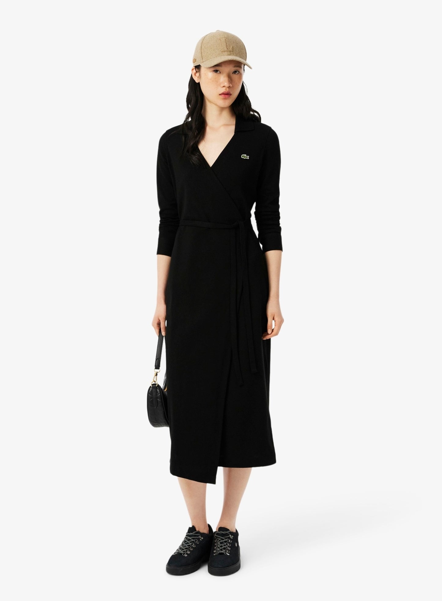 LACOSTE WOMEN Stretch Mini Piqué Wrap Polo Dress Black