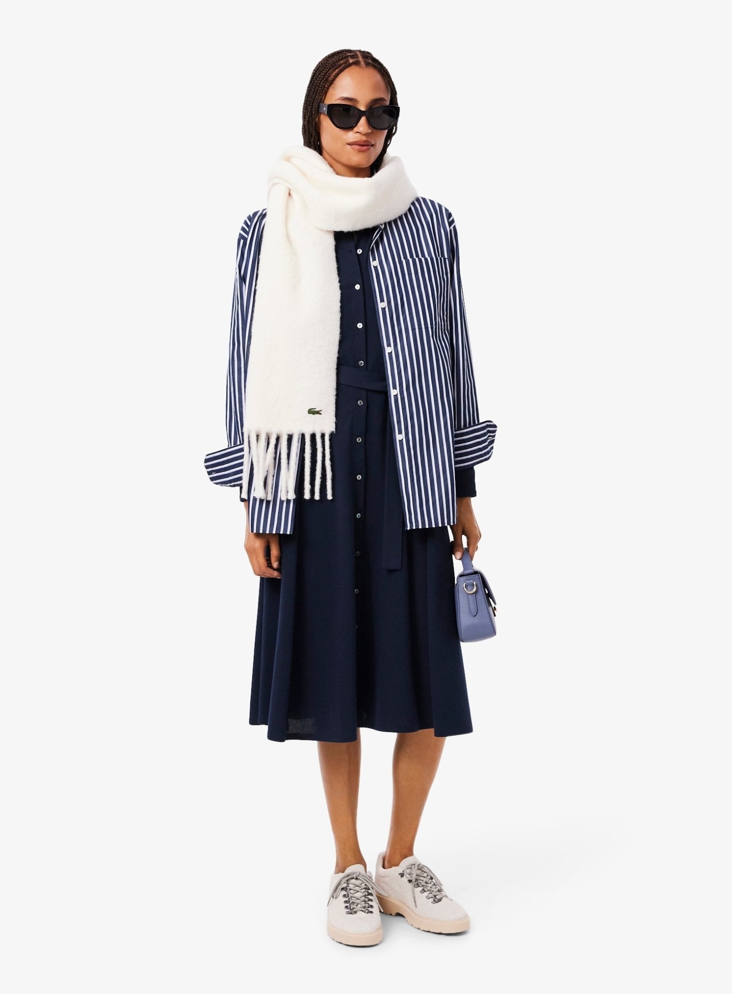 LACOSTE WOMEN Polo Collar Belted Petit Piqué Dress Midnight Blue