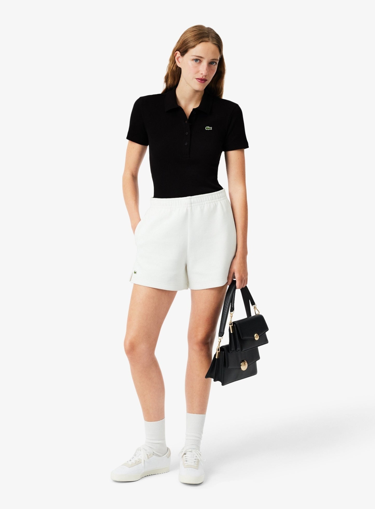LACOSTE WOMEN Slim Fit L.12.D Ribbed Cotton Polo Shirt Black