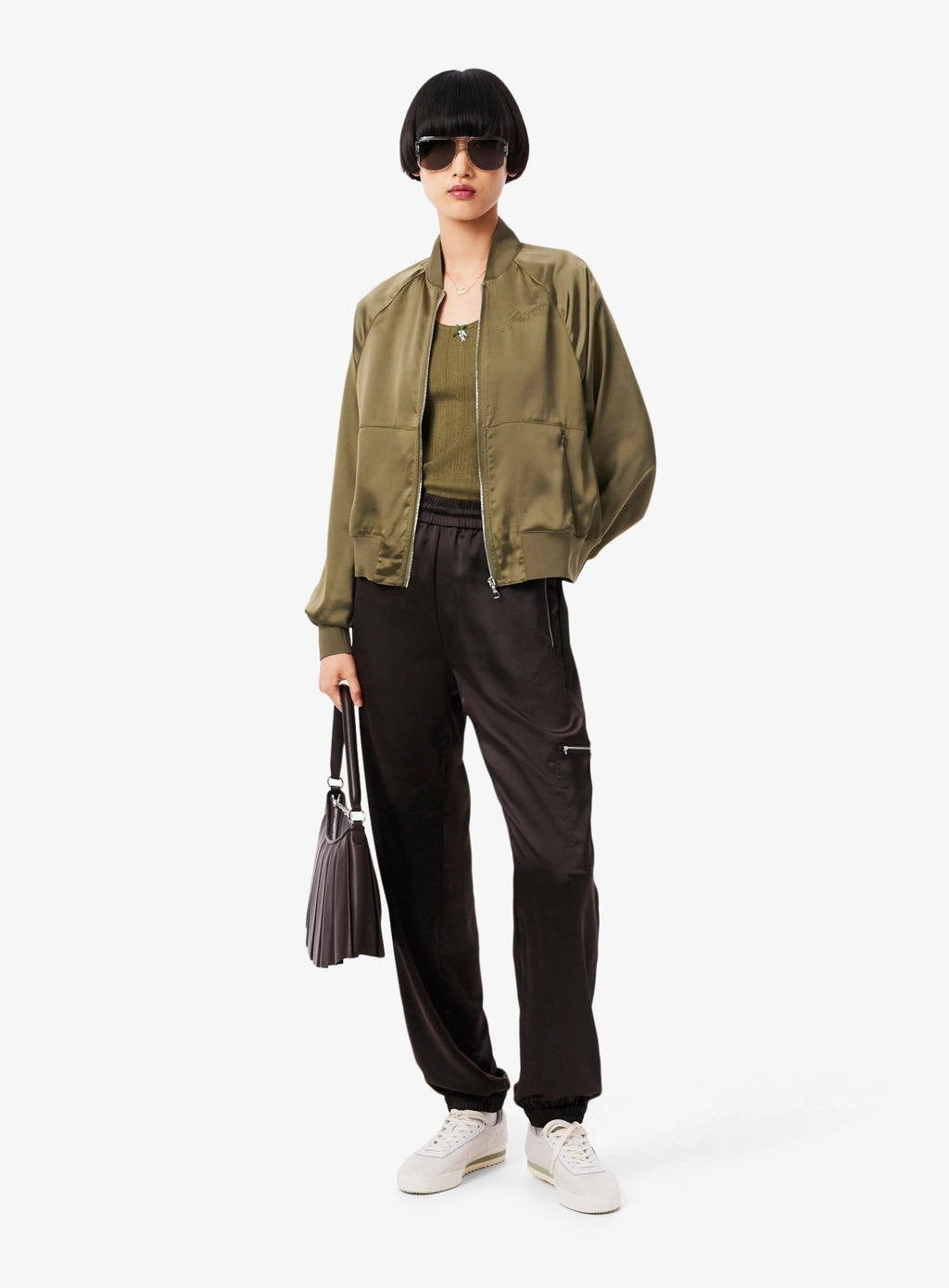 LACOSTE WOMEN Oversized Embroidered Signature Satin Bomber Jacket Khaki Green