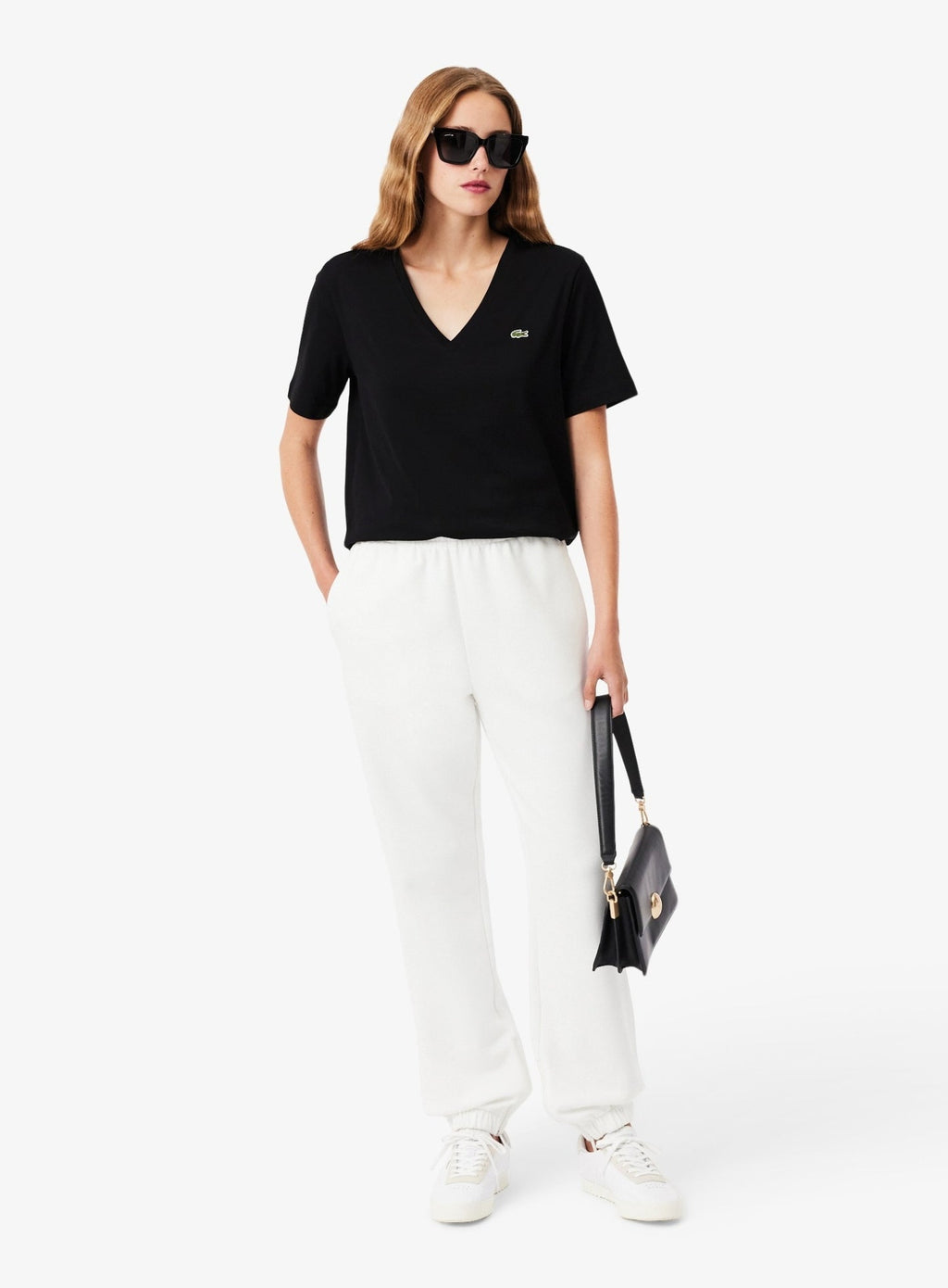LACOSTE WOMEN Relaxed Fit Soft Cotton V Neck T-shirt Black