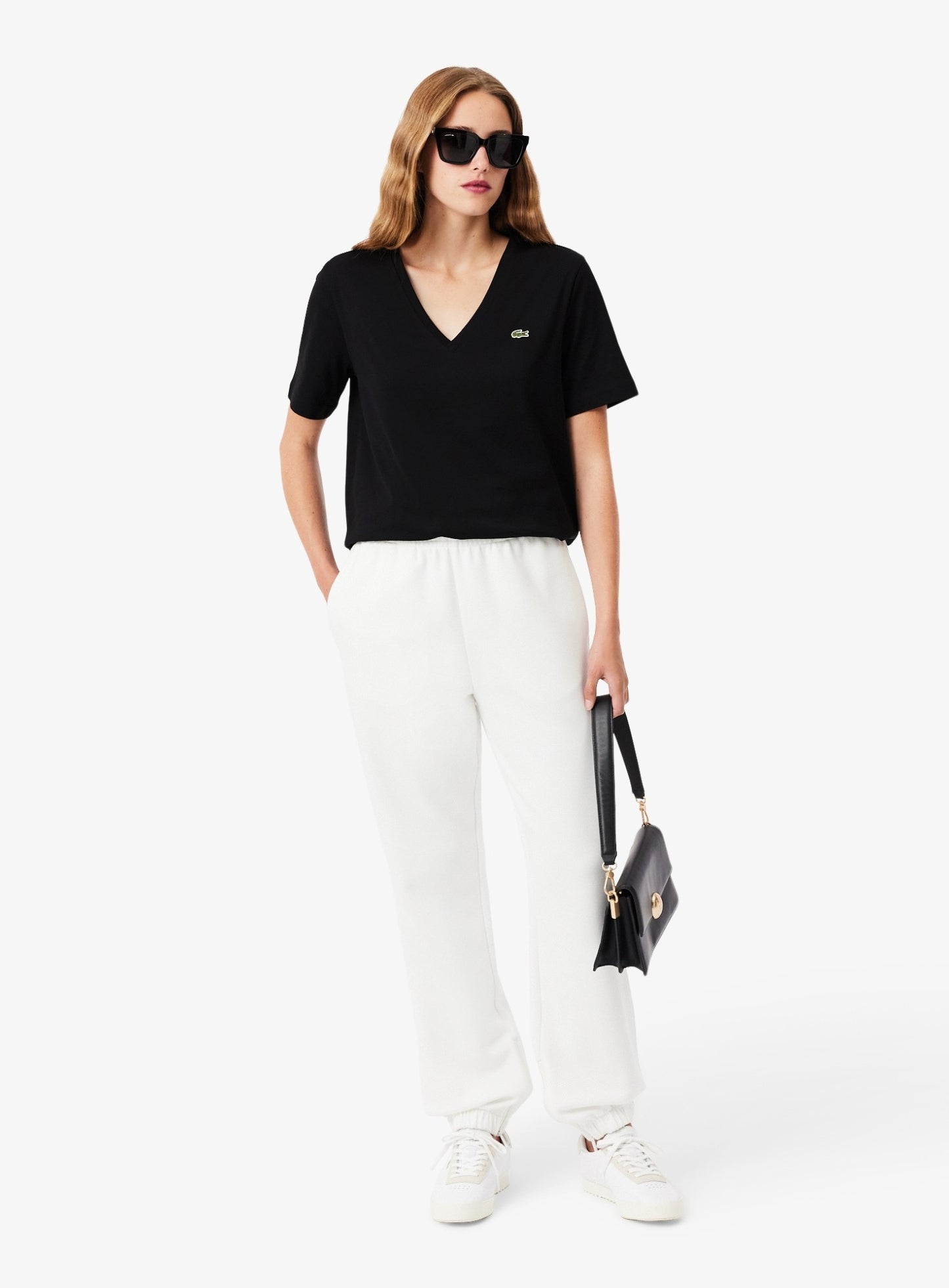 LACOSTE WOMEN Relaxed Fit Soft Cotton V Neck T-shirt Black