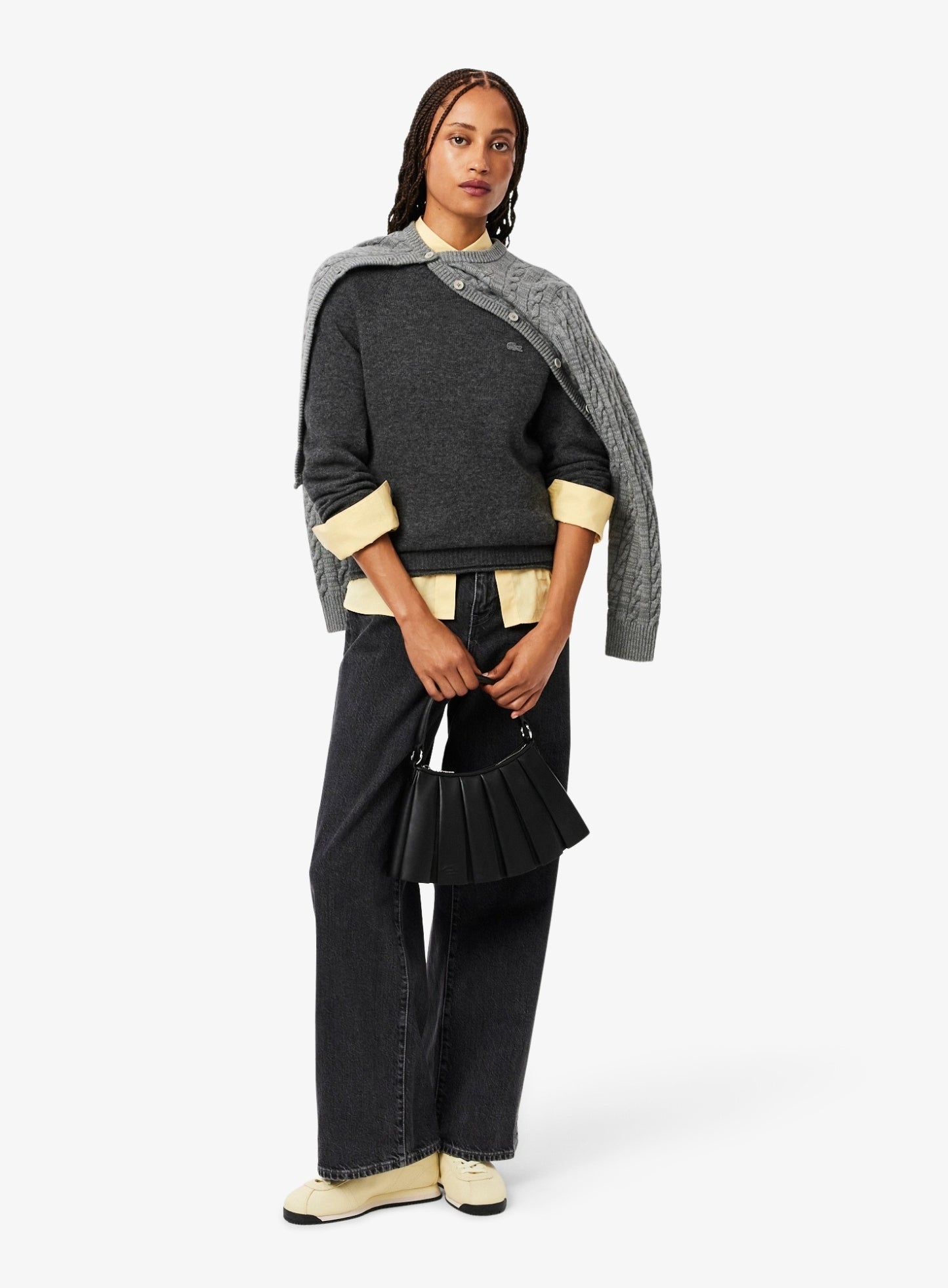 LACOSTE WOMEN 3D Knit Carded Wool Sweater Grey