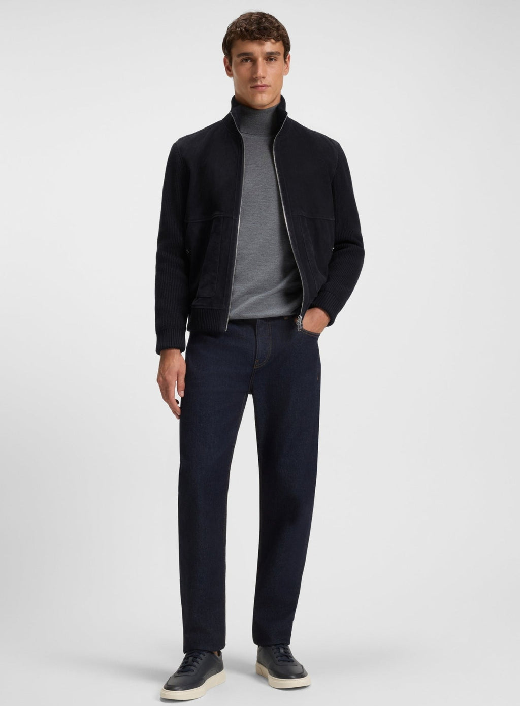 BOSS H-Maparo Suede Jacket With Cotton-Blend Sleeves Dark Blue