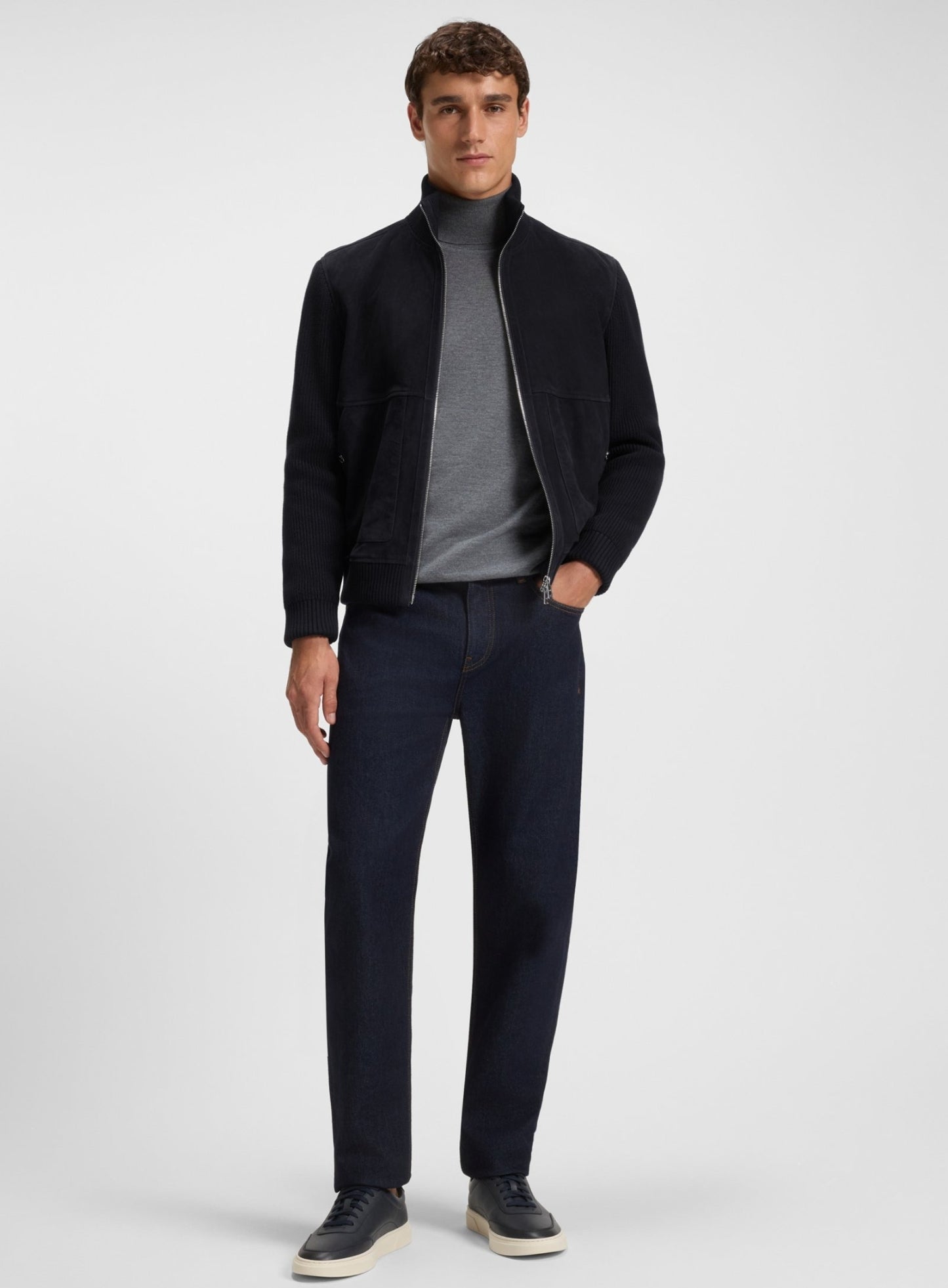 BOSS H-Maparo Suede Jacket With Cotton-Blend Sleeves Dark Blue