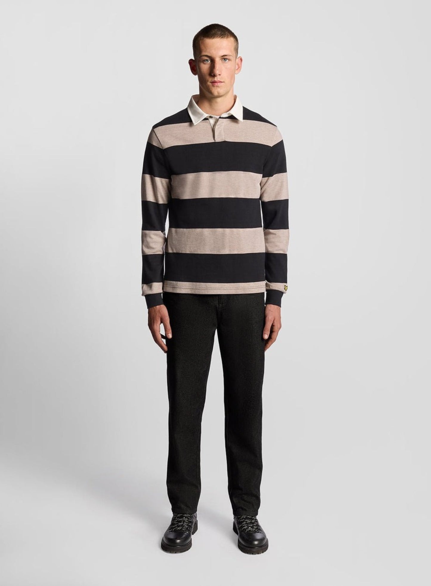 LYLE & SCOTT Striped Rugby Polo Shirt Jet Black/ White Heather