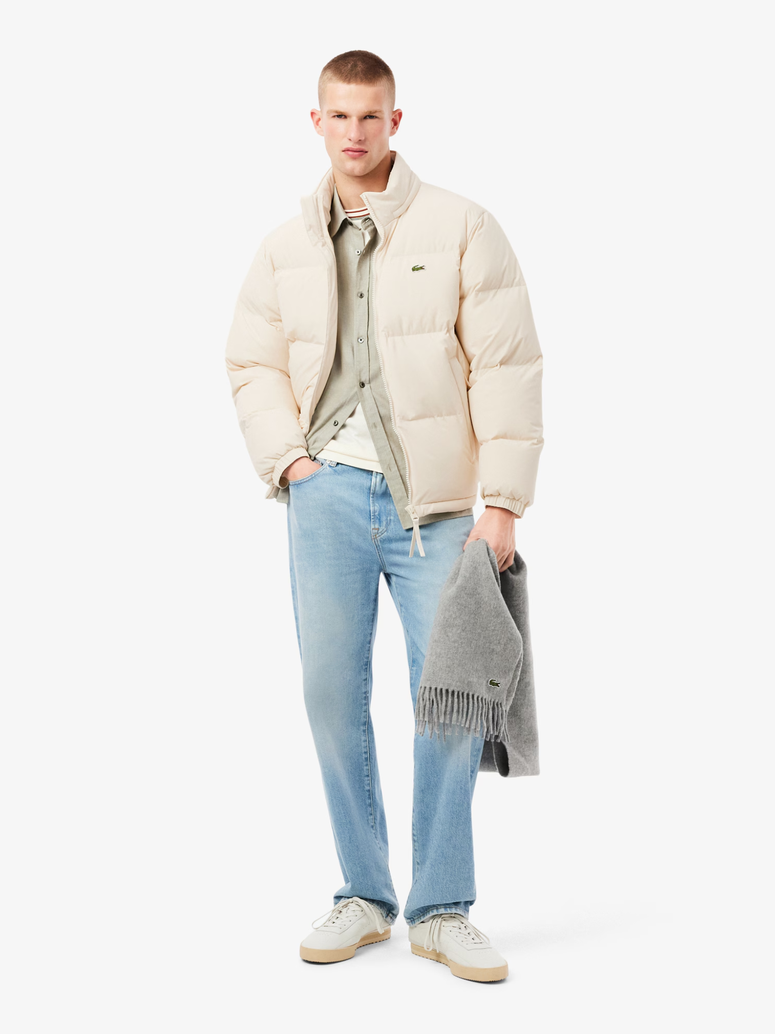 LACOSTE Water-Repellent Hooded Down Jacket Ecru White
