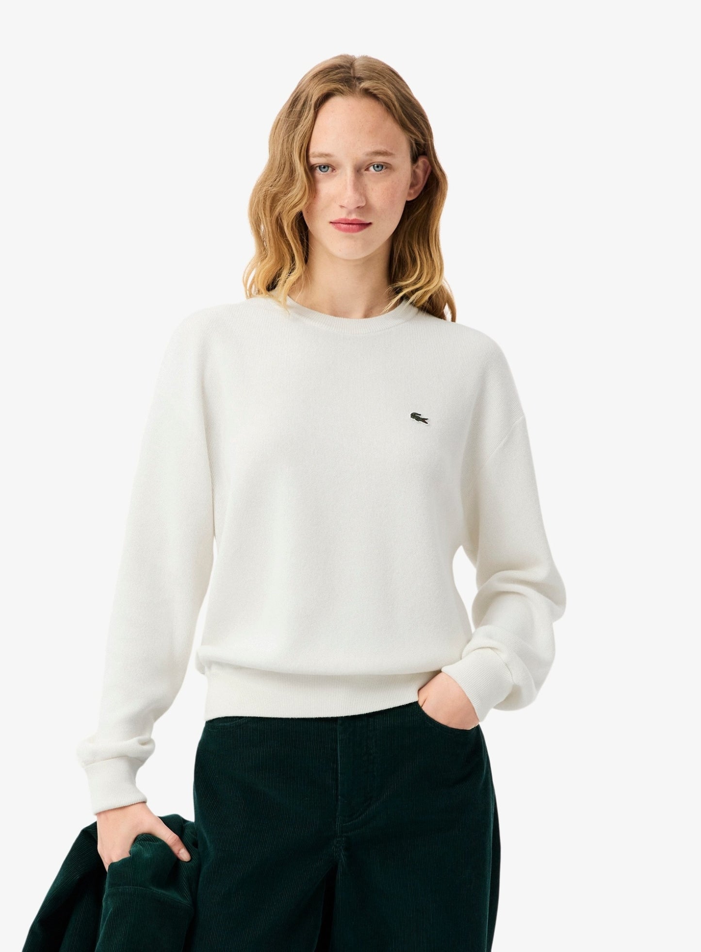 LACOSTE WOMEN Relaxed Fit Cotton Crew Neck Sweater White