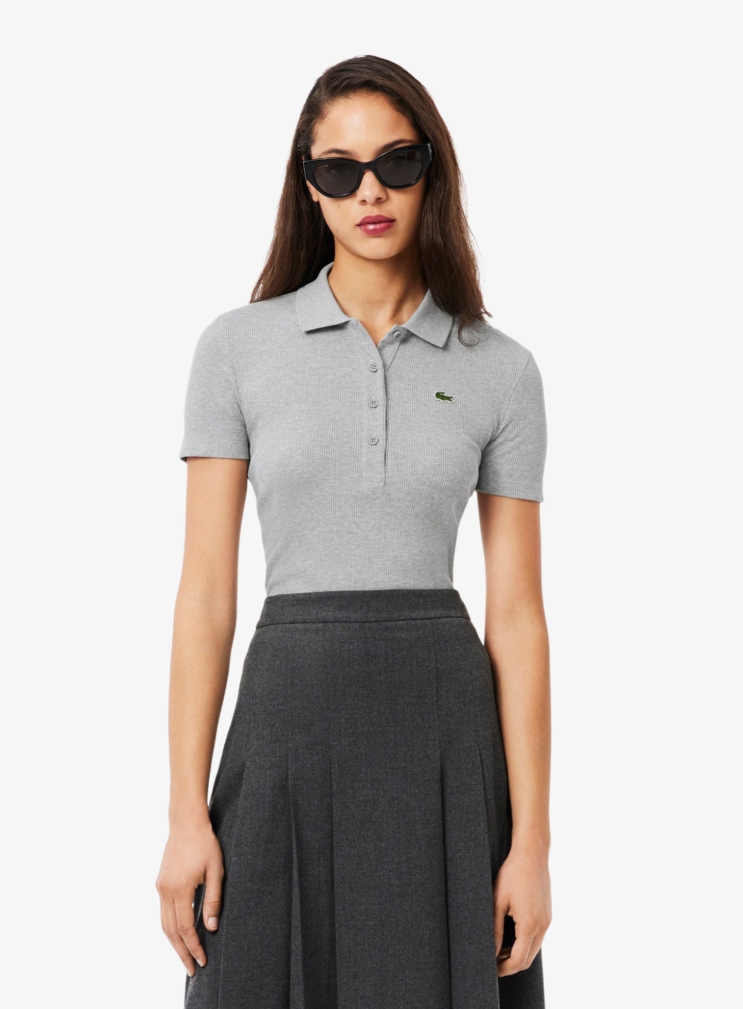 LACOSTE WOMEN Slim Fit L.12.D Ribbed Cotton Polo Shirt Light Grey