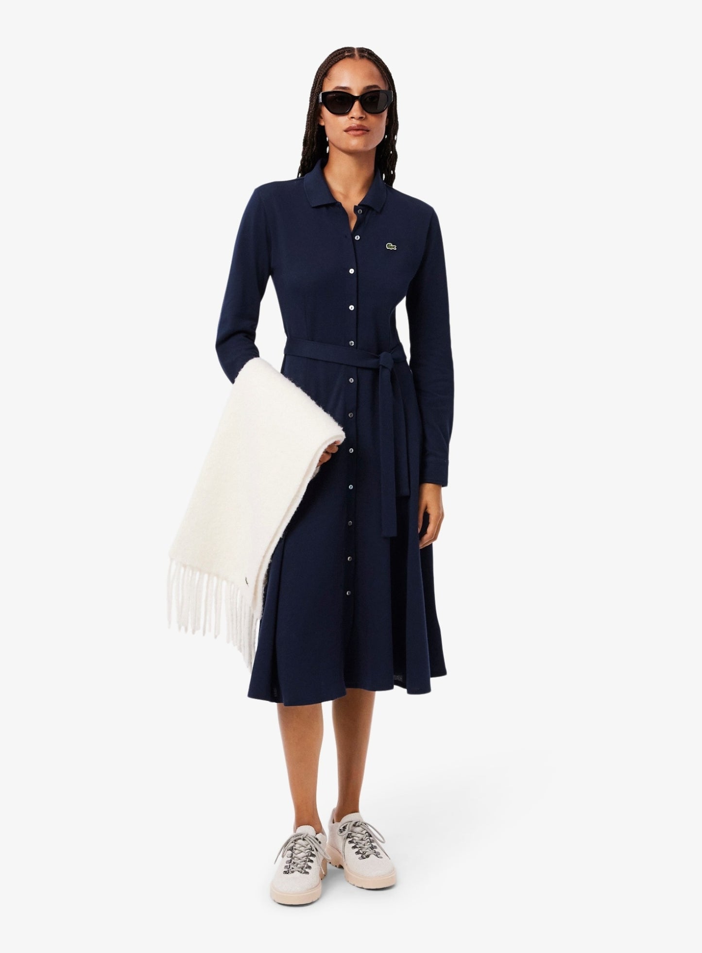 LACOSTE WOMEN Polo Collar Belted Petit Piqué Dress Midnight Blue