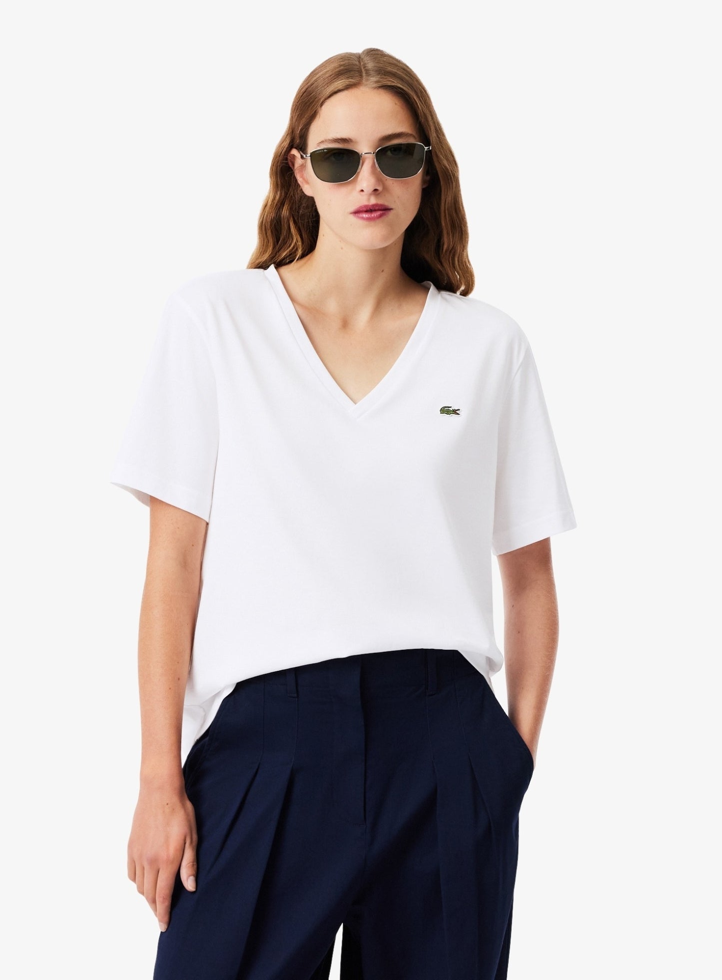 LACOSTE WOMEN Relaxed Fit Soft Cotton V Neck T-shirt White