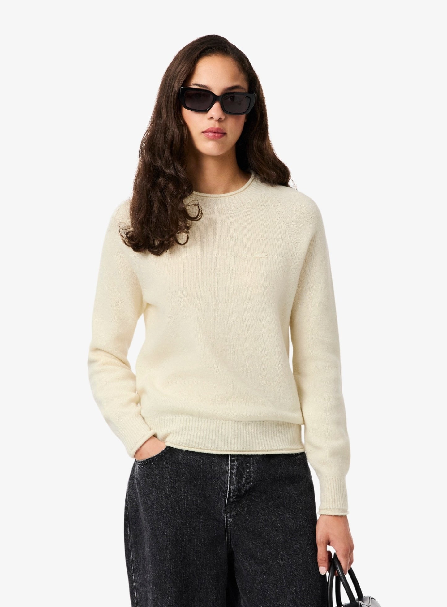 LACOSTE WOMEN 3D Knit Carded Wool Sweater Ecru White