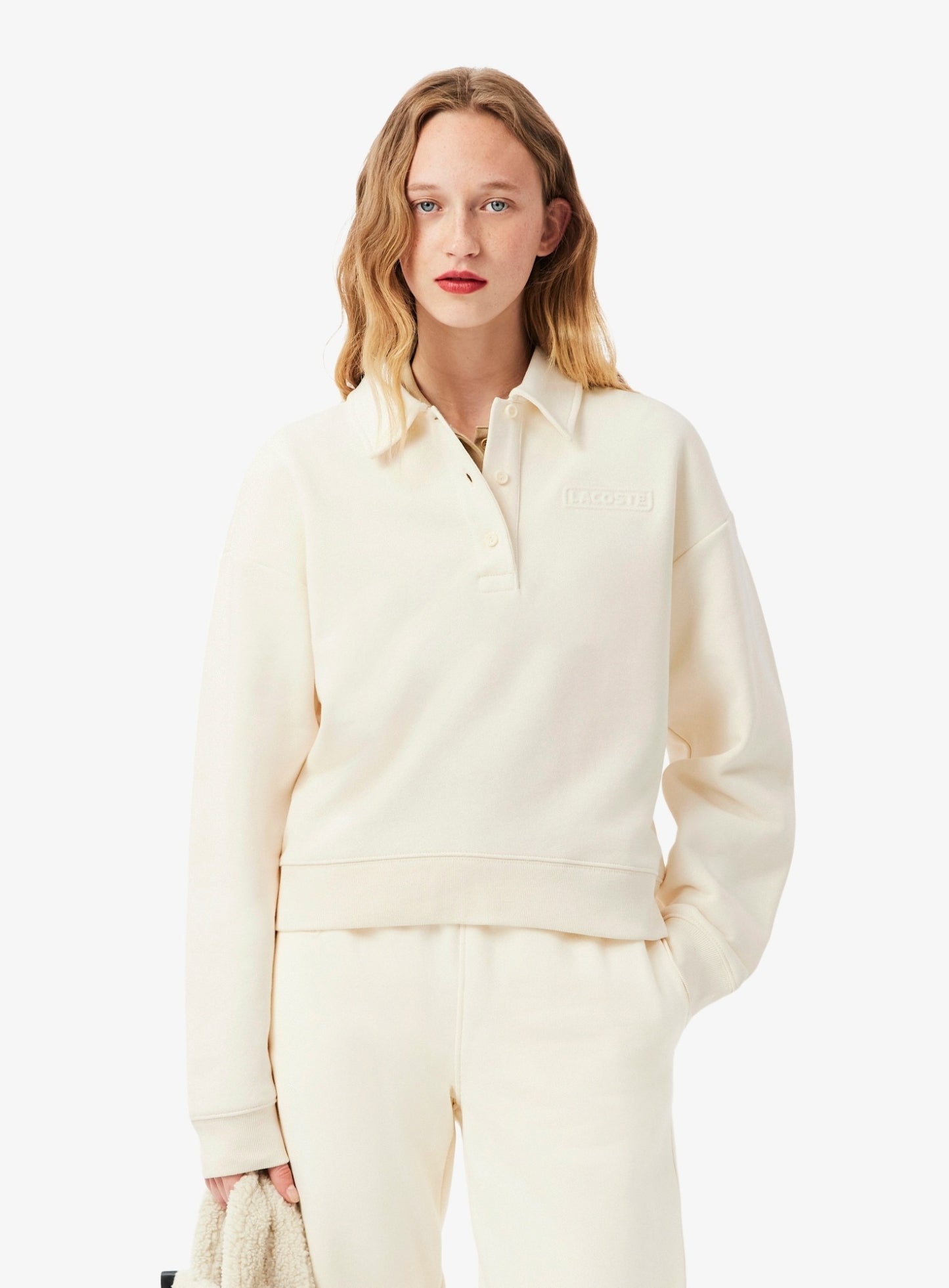 LACOSTE WOMEN Polo Collar Sweatshirt Ecru White