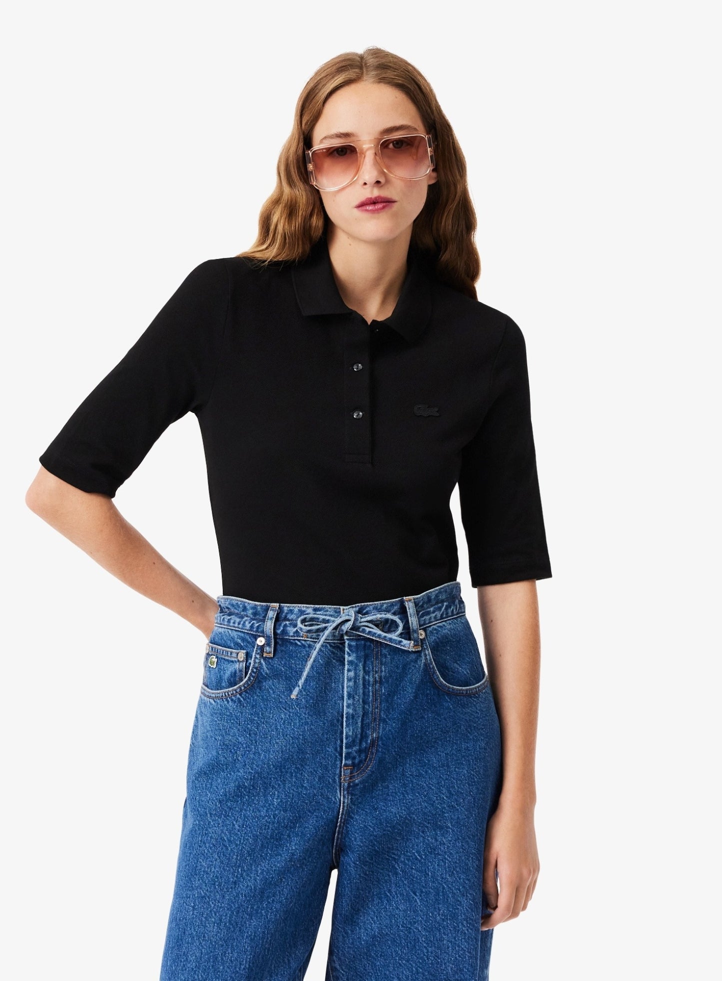 LACOSTE WOMEN Slim Fit L.12.D Three Quarter Sleeve Polo Shirt Black
