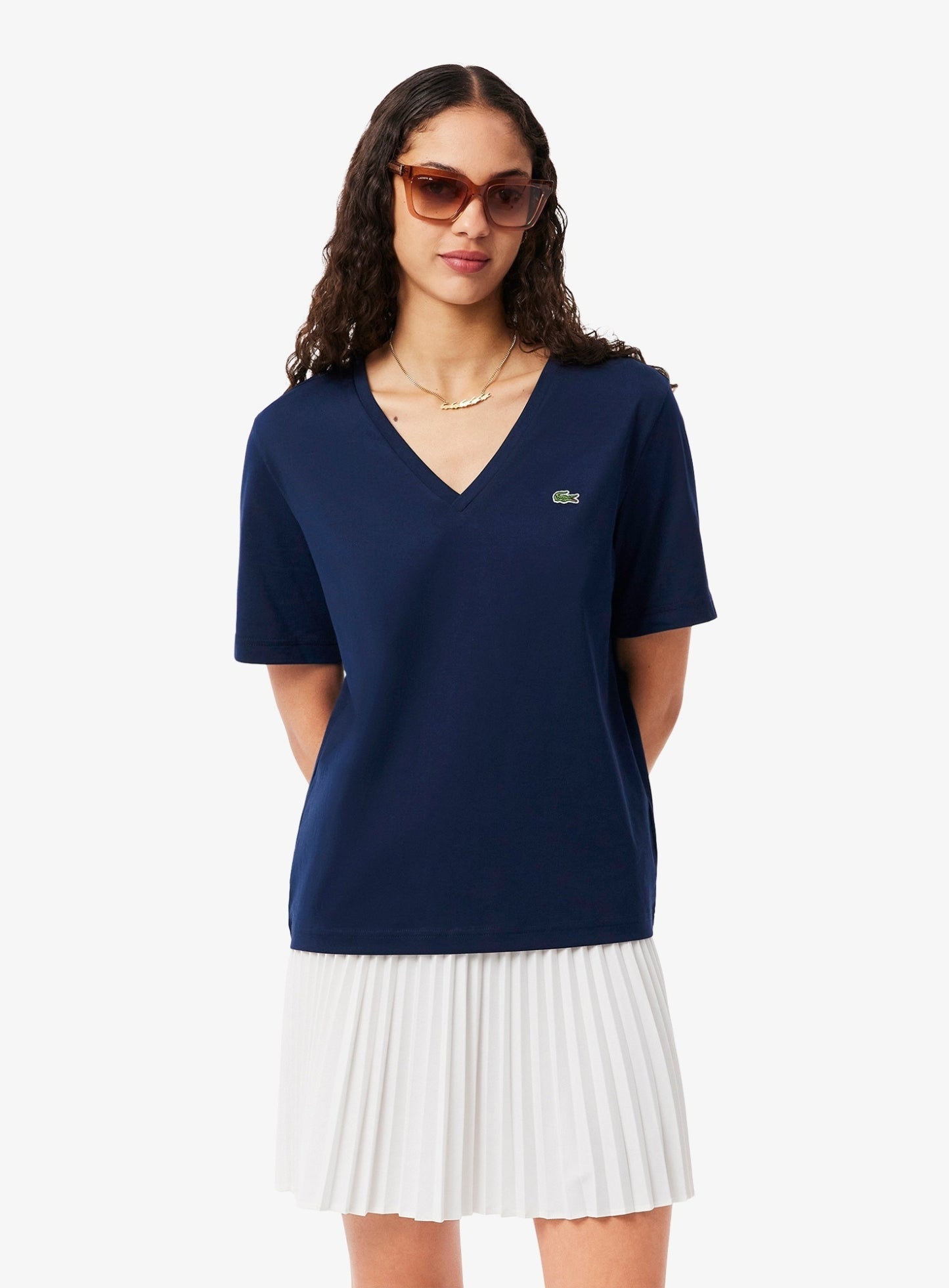 LACOSTE WOMEN Relaxed Fit Soft Cotton V Neck T-shirt Midnight Blue