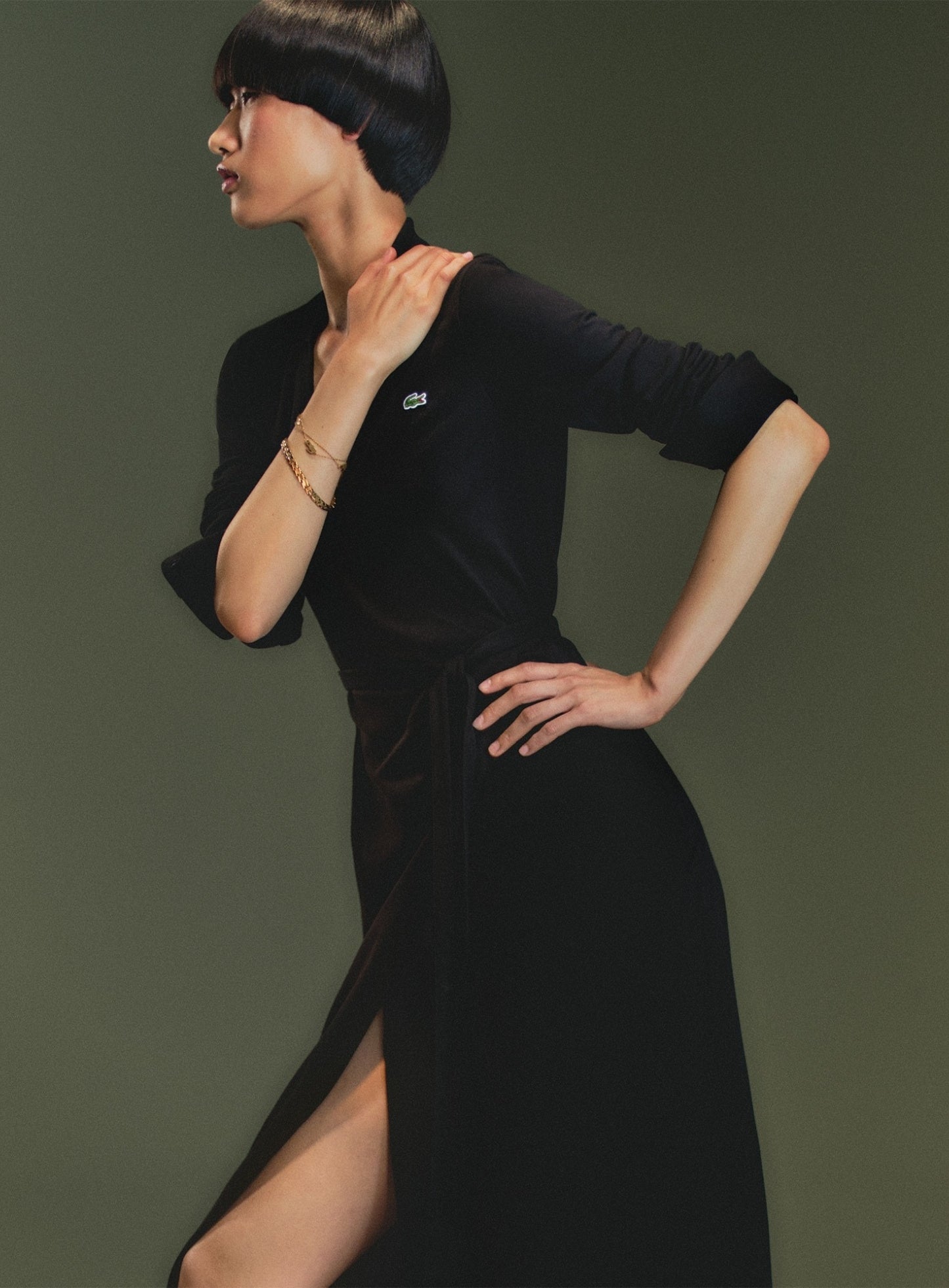LACOSTE WOMEN Stretch Mini Piqué Wrap Polo Dress Black