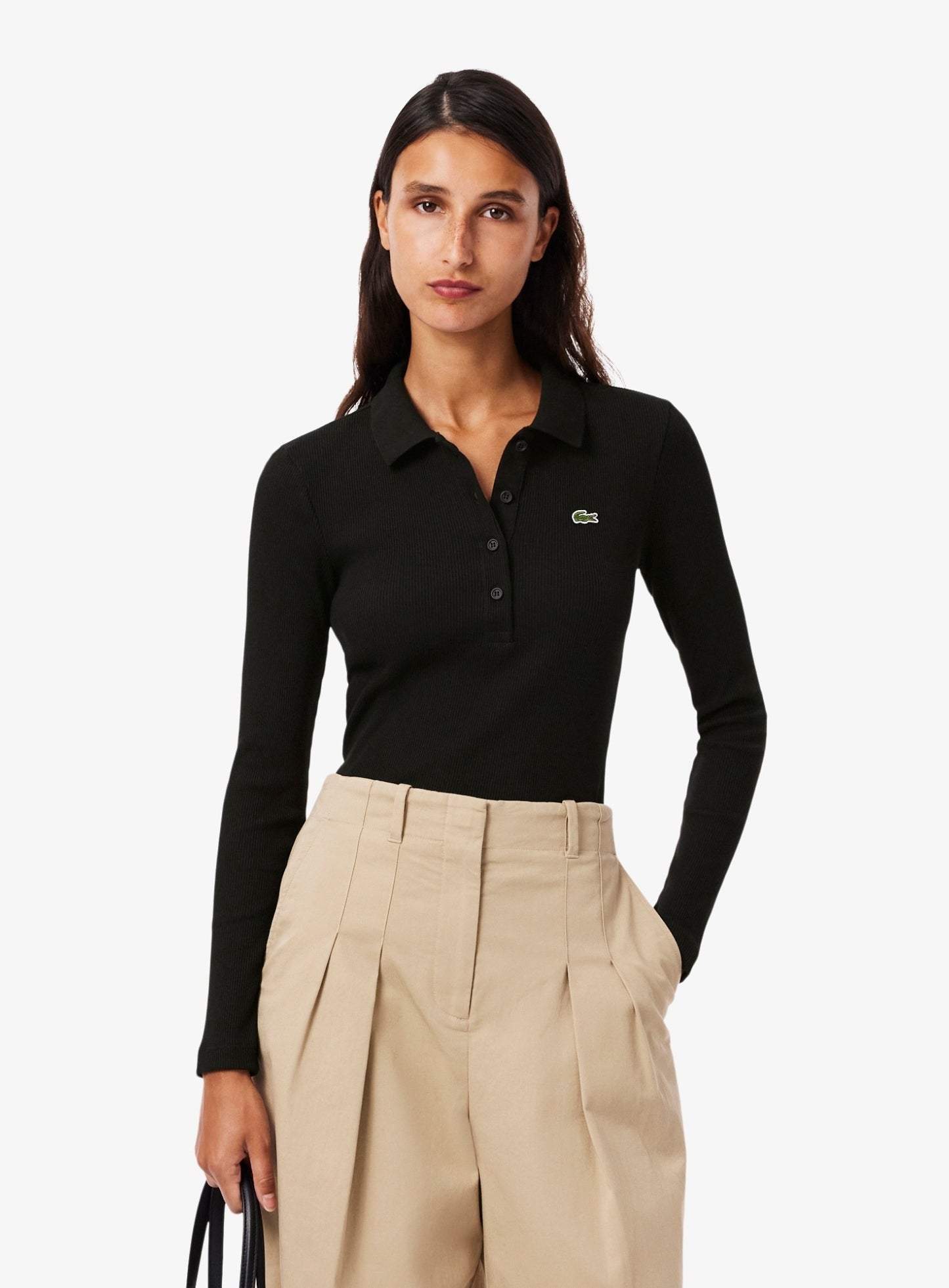 LACOSTE WOMEN Slim Fit L.12.D Ribbed Cotton Long Sleeves Polo Shirt Black