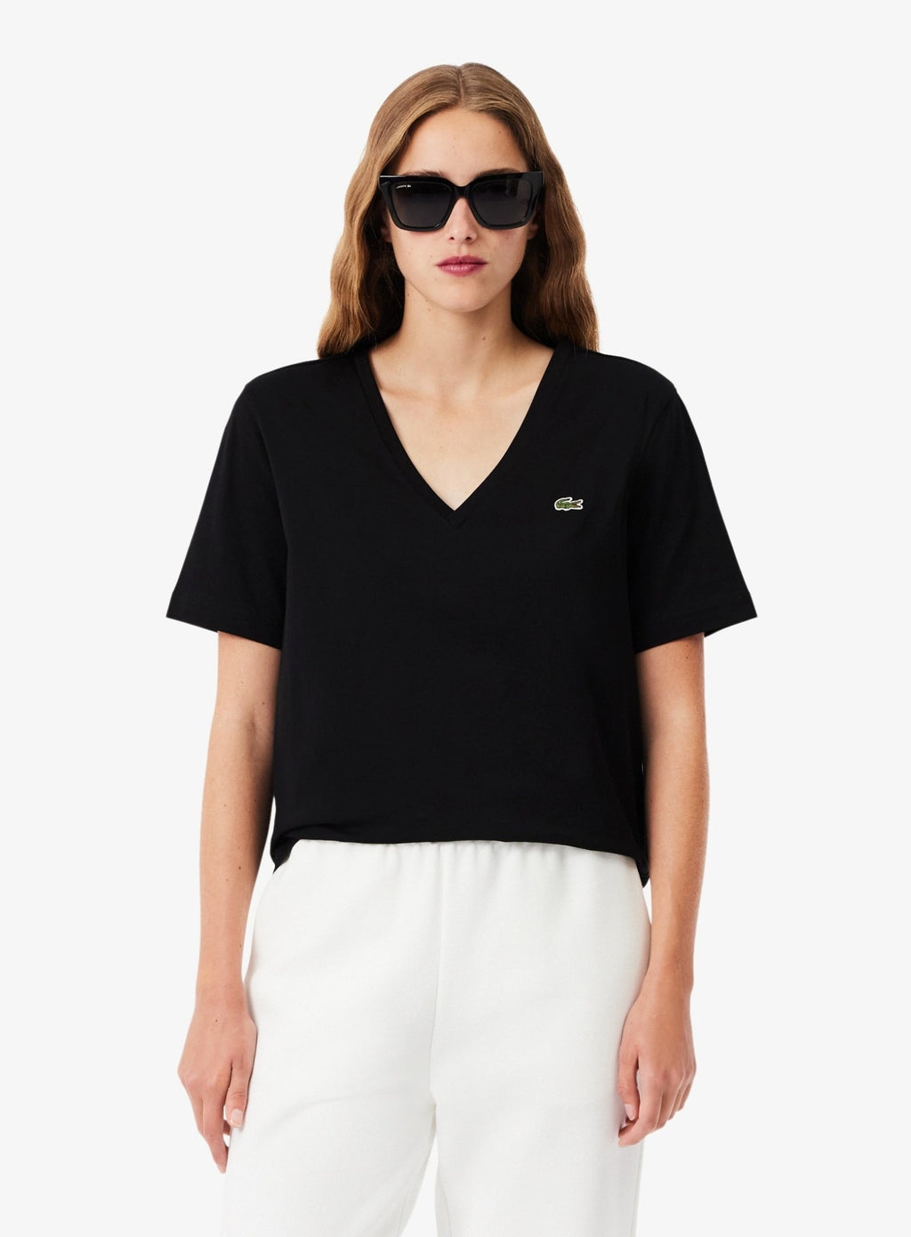 LACOSTE WOMEN Relaxed Fit Soft Cotton V Neck T-shirt Black