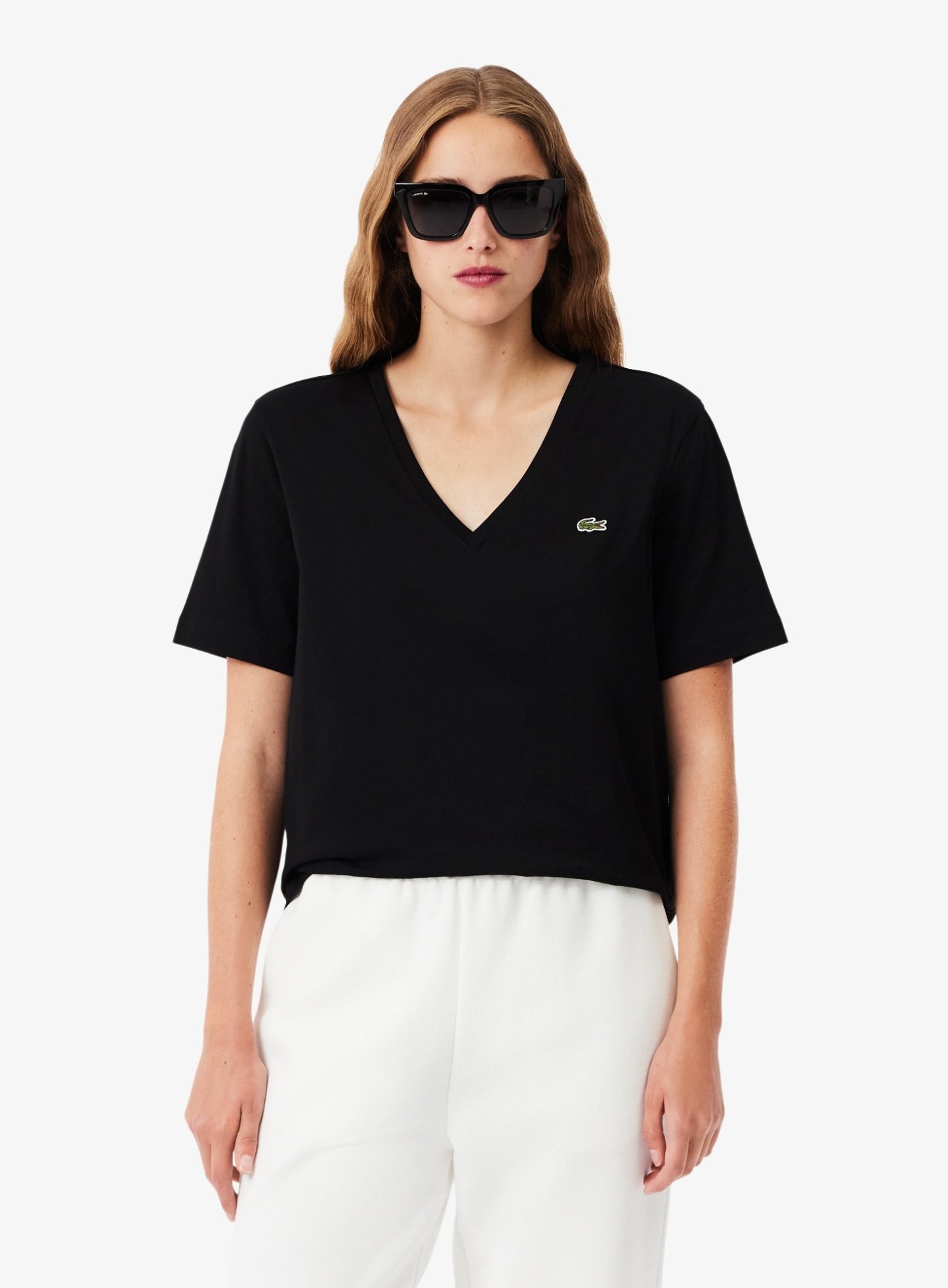 LACOSTE WOMEN Relaxed Fit Soft Cotton V Neck T-shirt Black