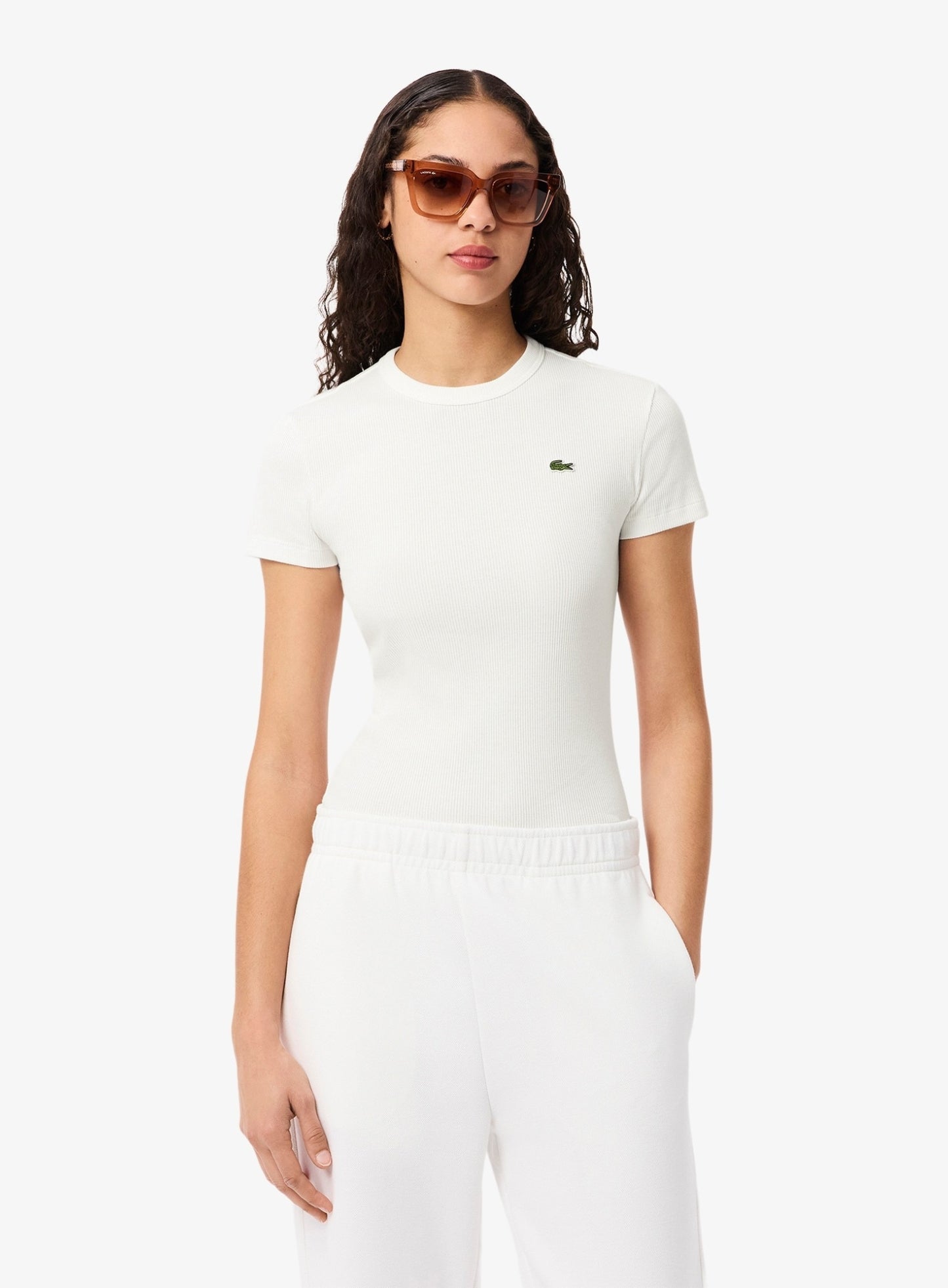 LACOSTE WOMEN Slim Fit Ribbed Cotton T-shirt White
