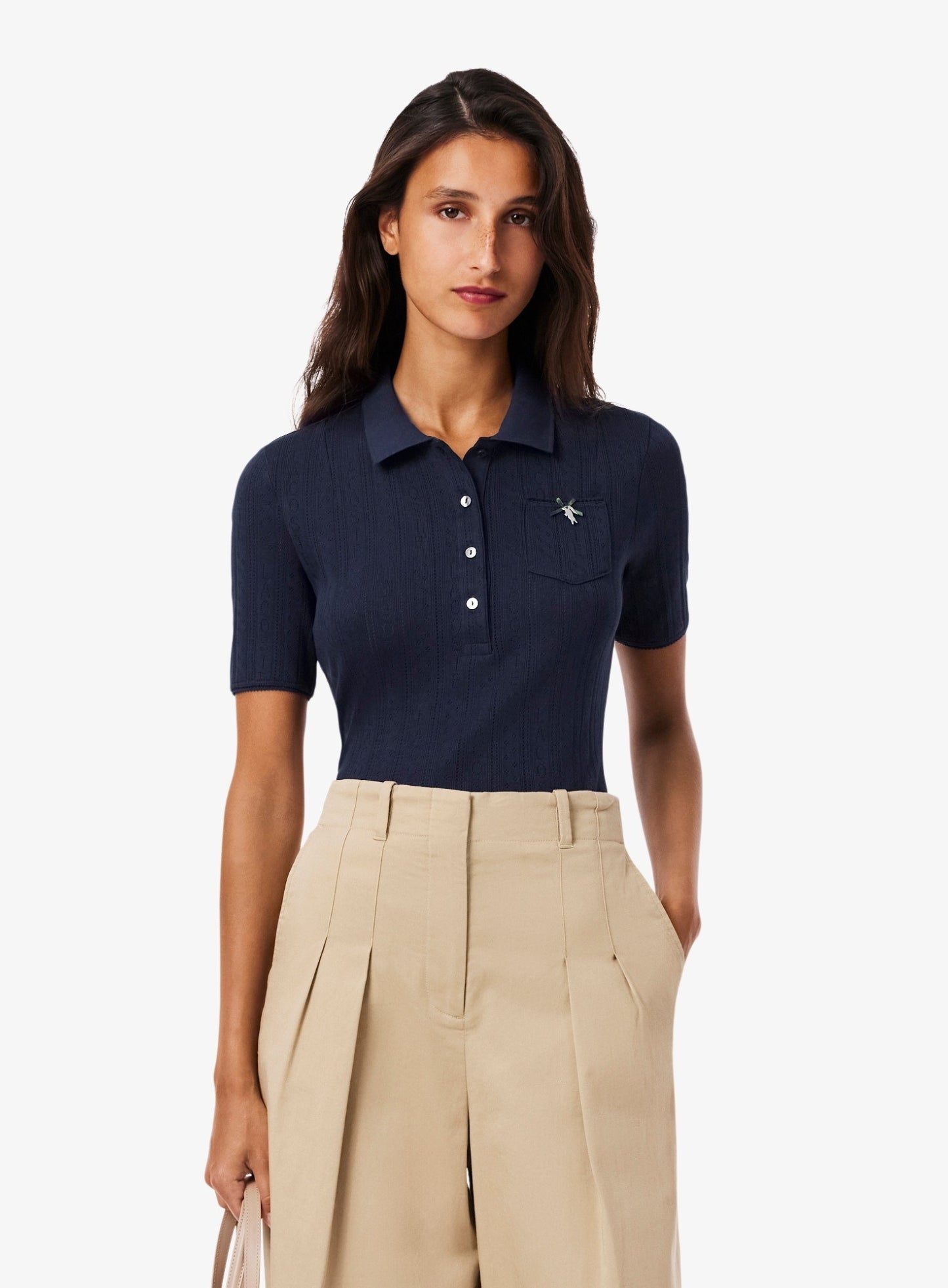 LACOSTE WOMEN Slim Fit Pointelle Branded L.12.D Polo Shirt Midnight Blue