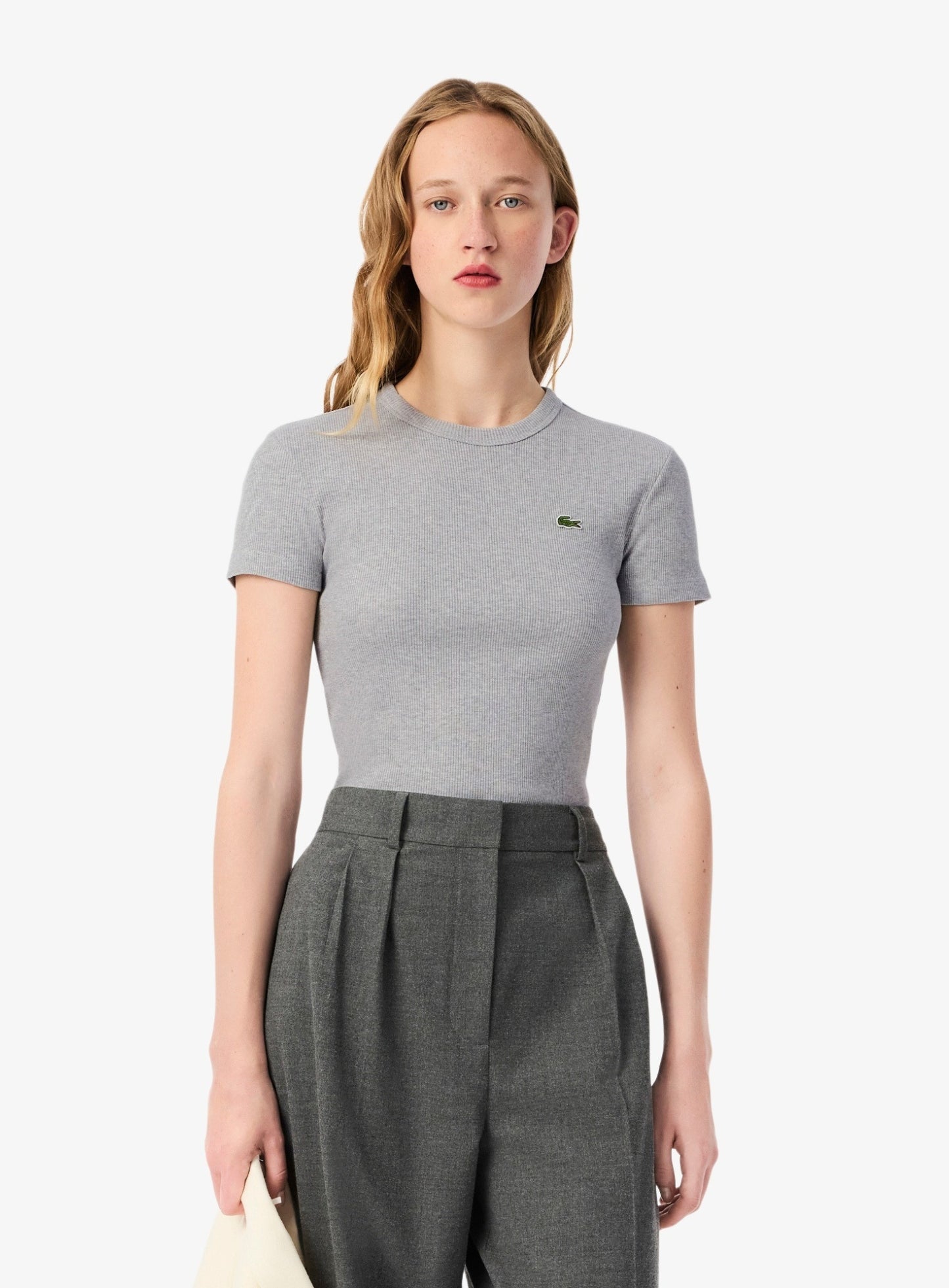 LACOSTE WOMEN Slim Fit Ribbed Cotton T-shirt Grey