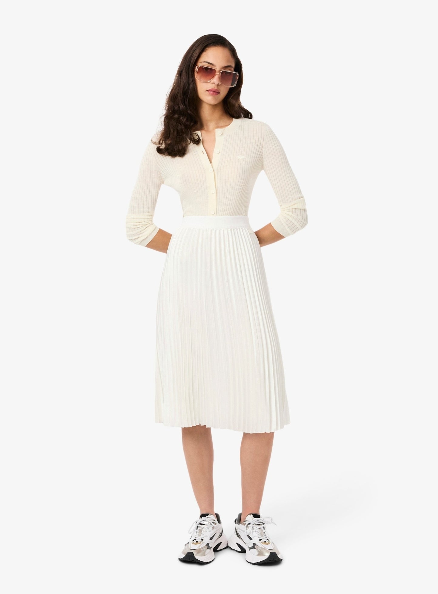 LACOSTE WOMEN Pleated Satin Midi Skirt White