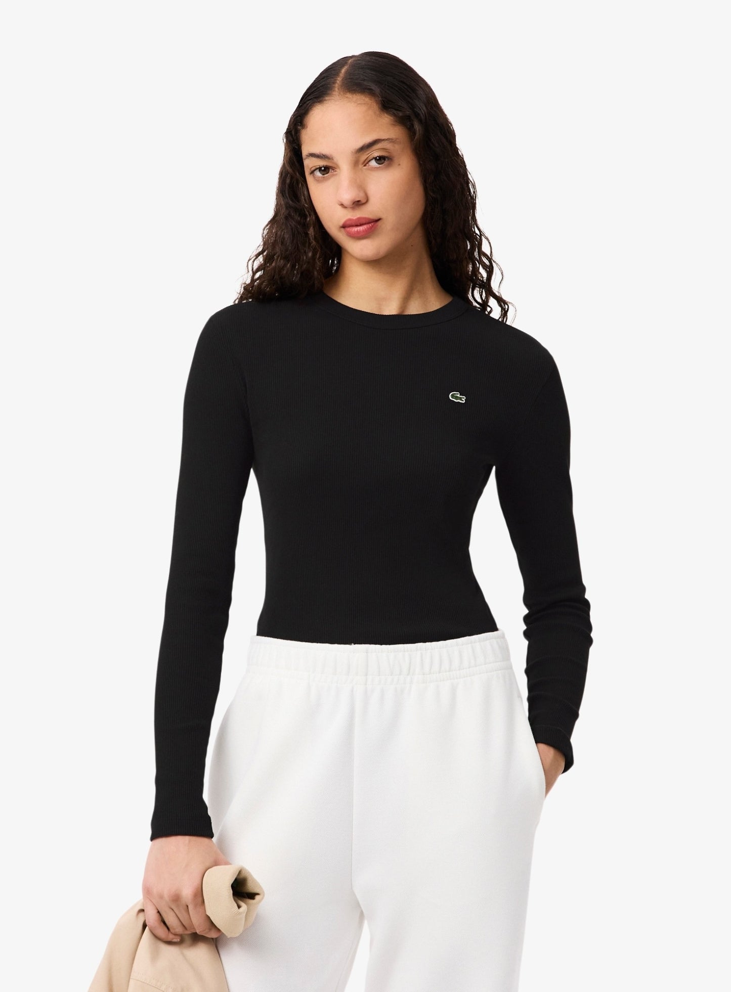 LACOSTE WOMEN Slim Fit Ribbed Cotton T-shirt Black