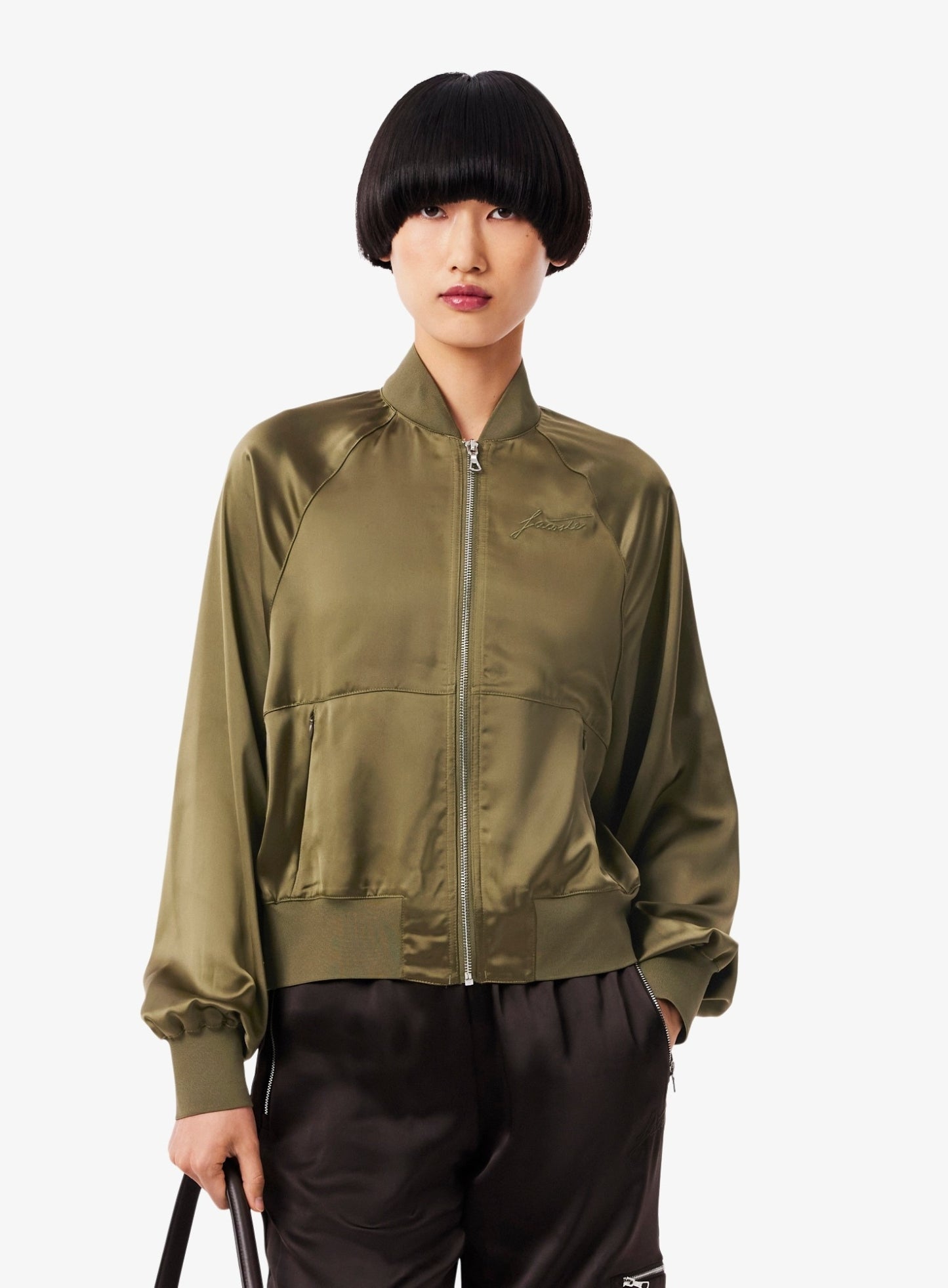 LACOSTE WOMEN Oversized Embroidered Signature Satin Bomber Jacket Khaki Green