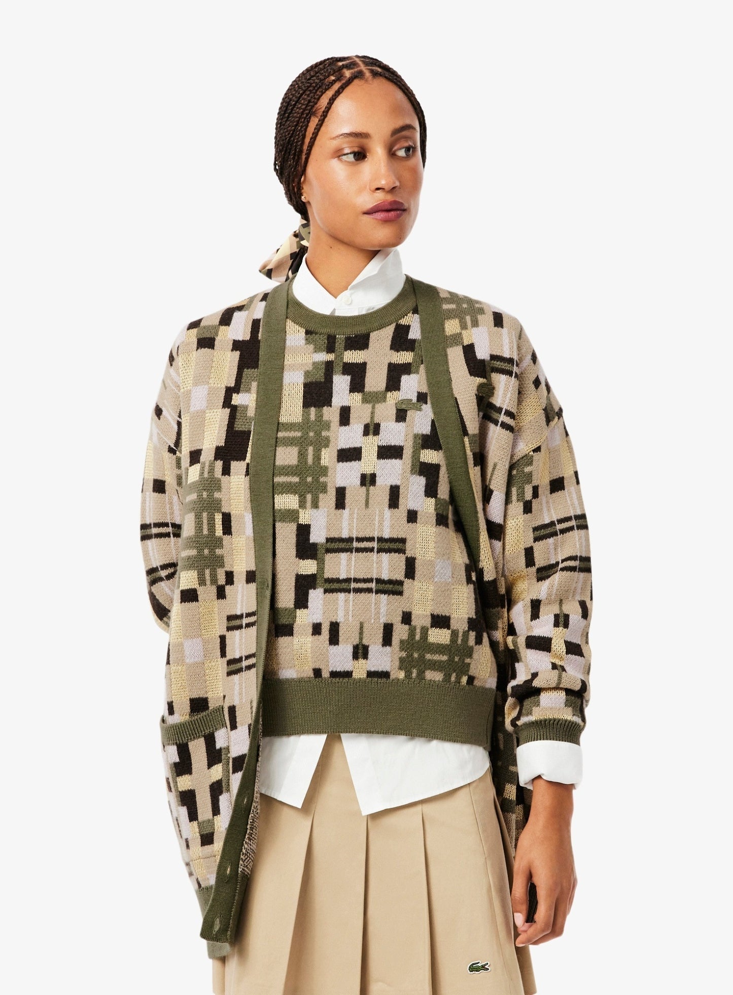 LACOSTE WOMEN Jacquard graphic long cardigan Khaki Beige