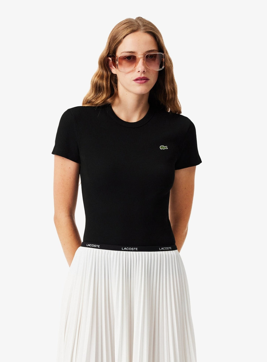 LACOSTE WOMEN Slim Fit Ribbed Cotton T-shirt Black