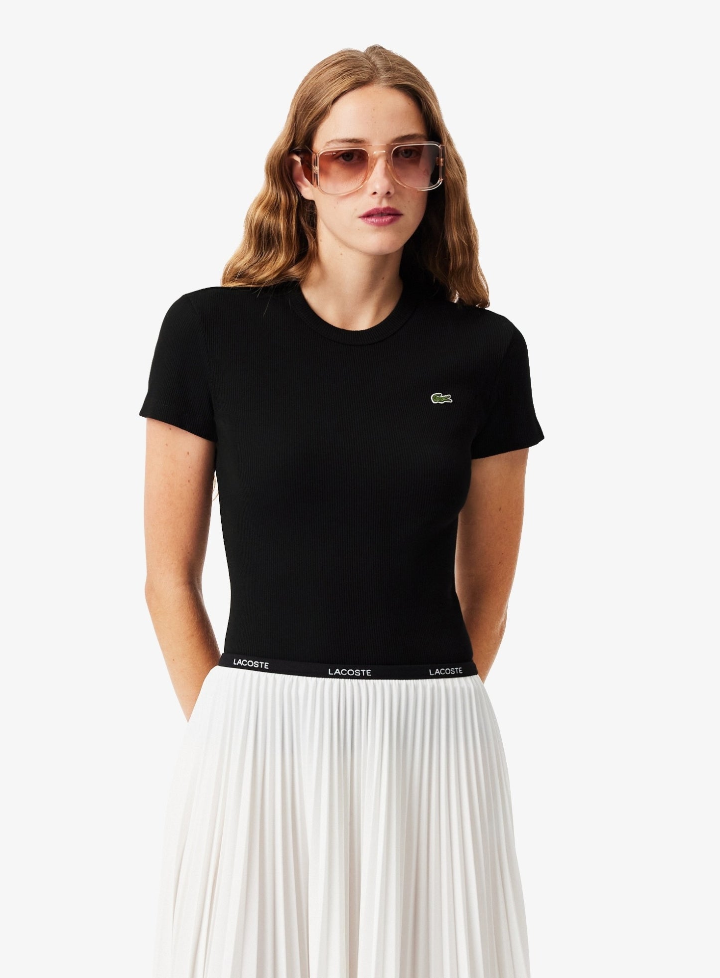 LACOSTE WOMEN Slim Fit Ribbed Cotton T-shirt Black