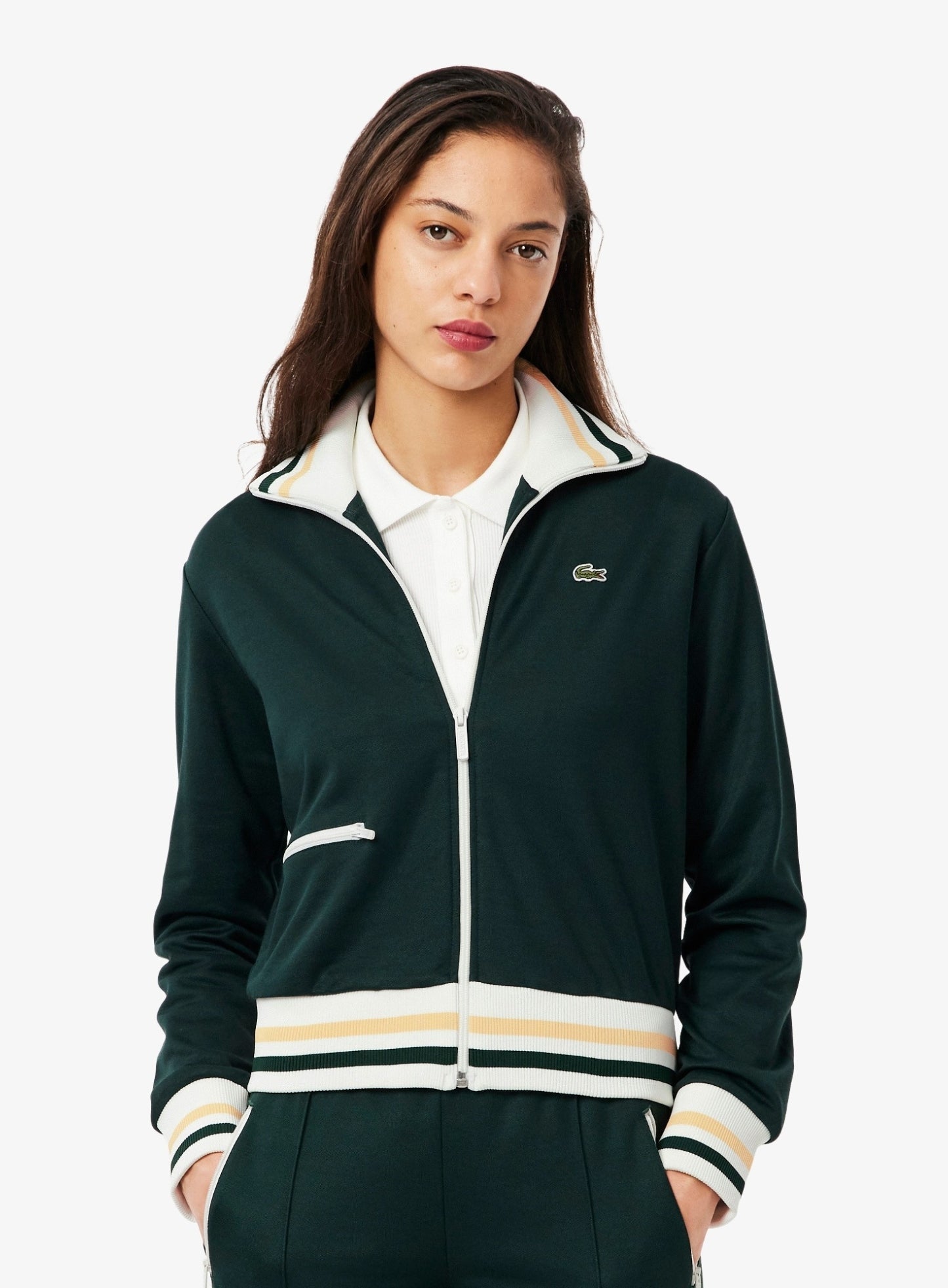LACOSTE WOMEN Zipped Stripe Accent Sweatshirt Sinople Green
