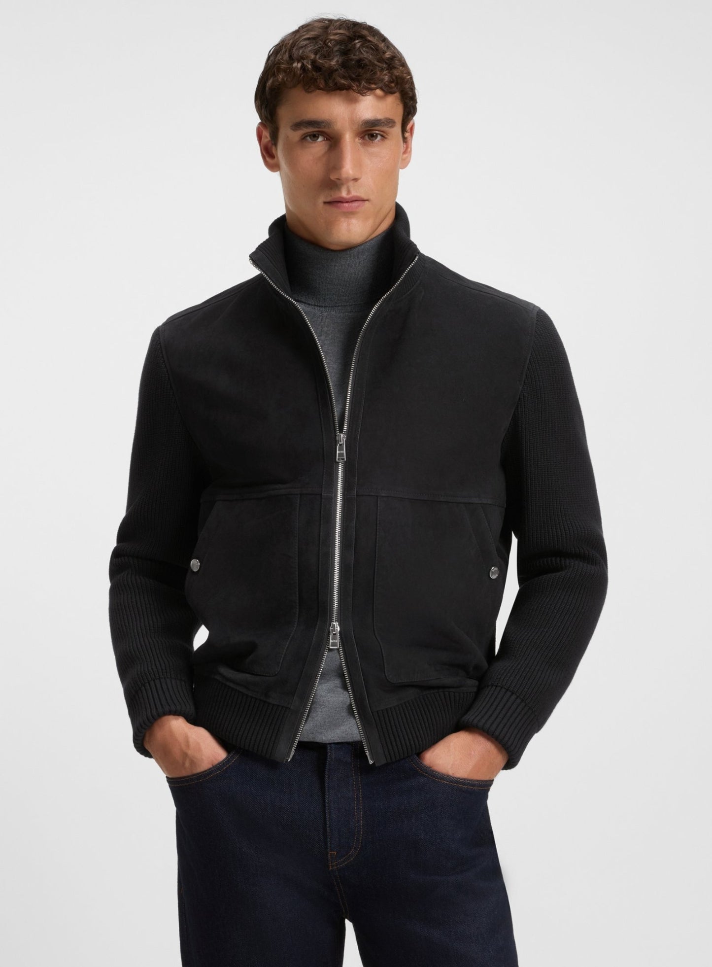 BOSS H-Maparo Suede Jacket With Cotton-Blend Sleeves Dark Blue