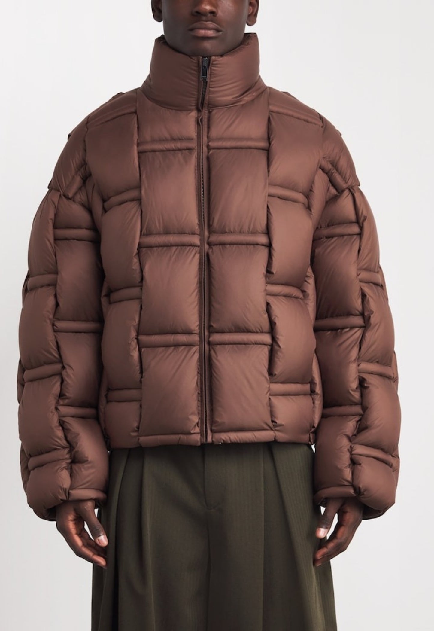 RAXXY 3D Down-Filled Angular Zip Puffer Jacket Dark Brown