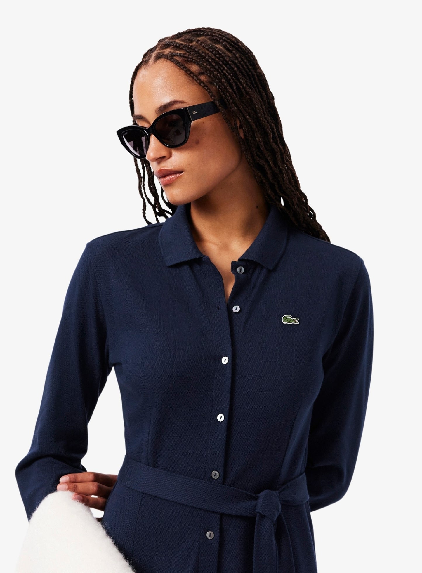 LACOSTE WOMEN Polo Collar Belted Petit Piqué Dress Midnight Blue