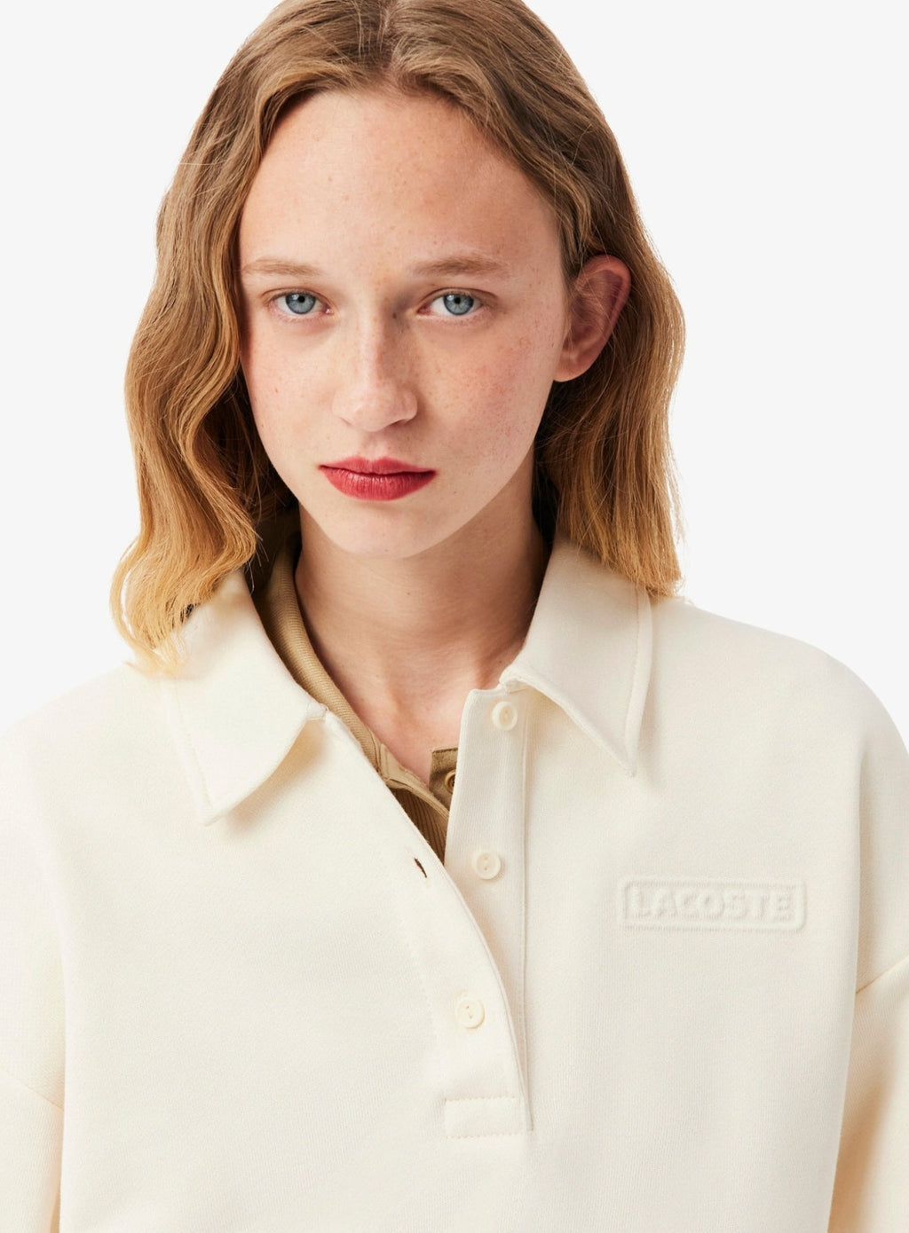 LACOSTE WOMEN Polo Collar Sweatshirt Ecru White