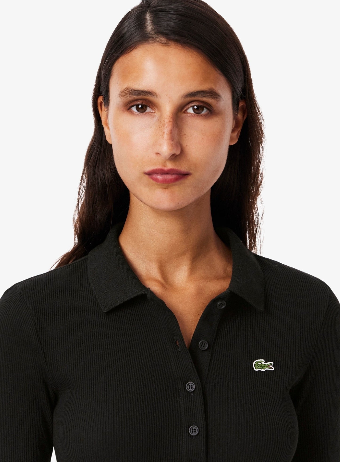 LACOSTE WOMEN Slim Fit L.12.D Ribbed Cotton Long Sleeves Polo Shirt Black