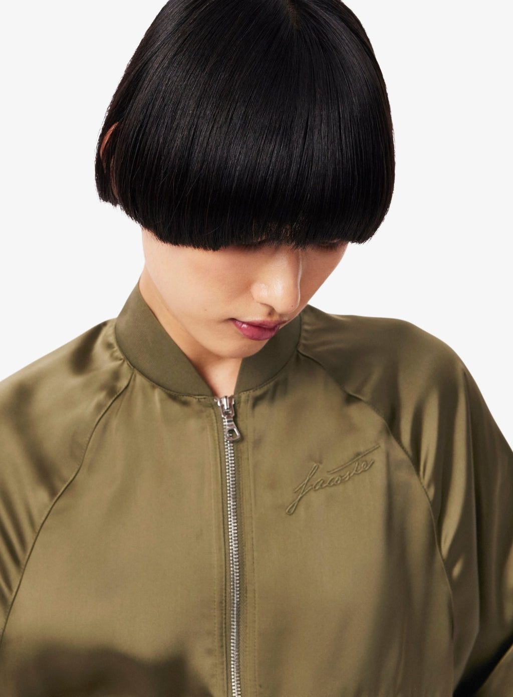 LACOSTE WOMEN Oversized Embroidered Signature Satin Bomber Jacket Khaki Green