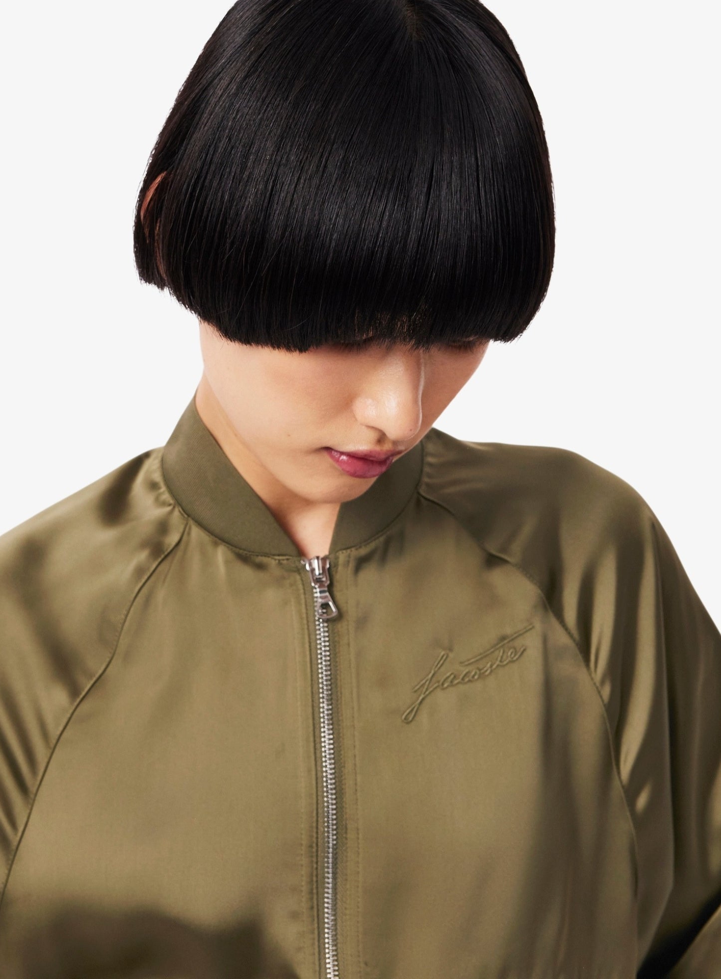 LACOSTE WOMEN Oversized Embroidered Signature Satin Bomber Jacket Khaki Green