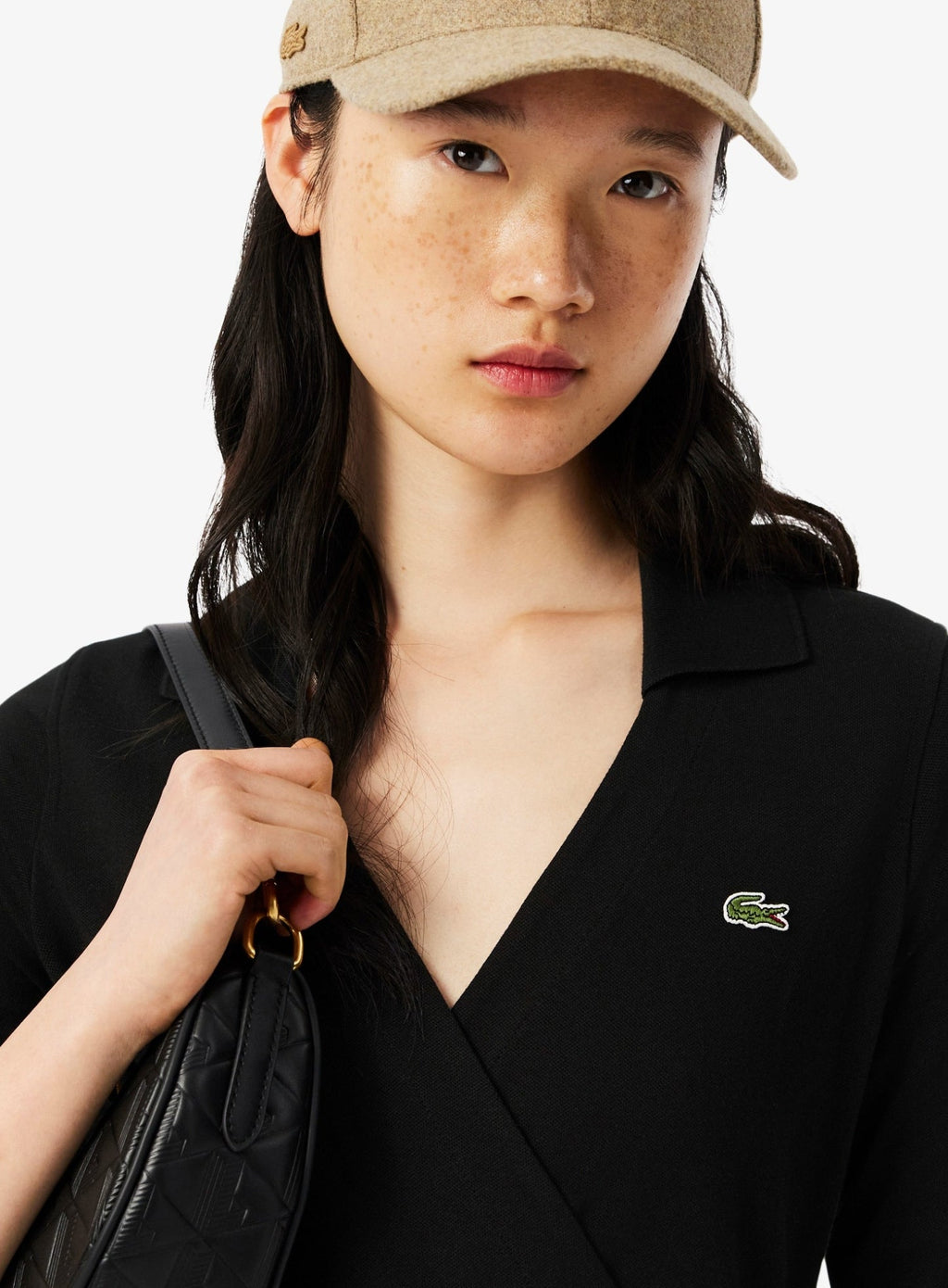 LACOSTE WOMEN Stretch Mini Piqué Wrap Polo Dress Black