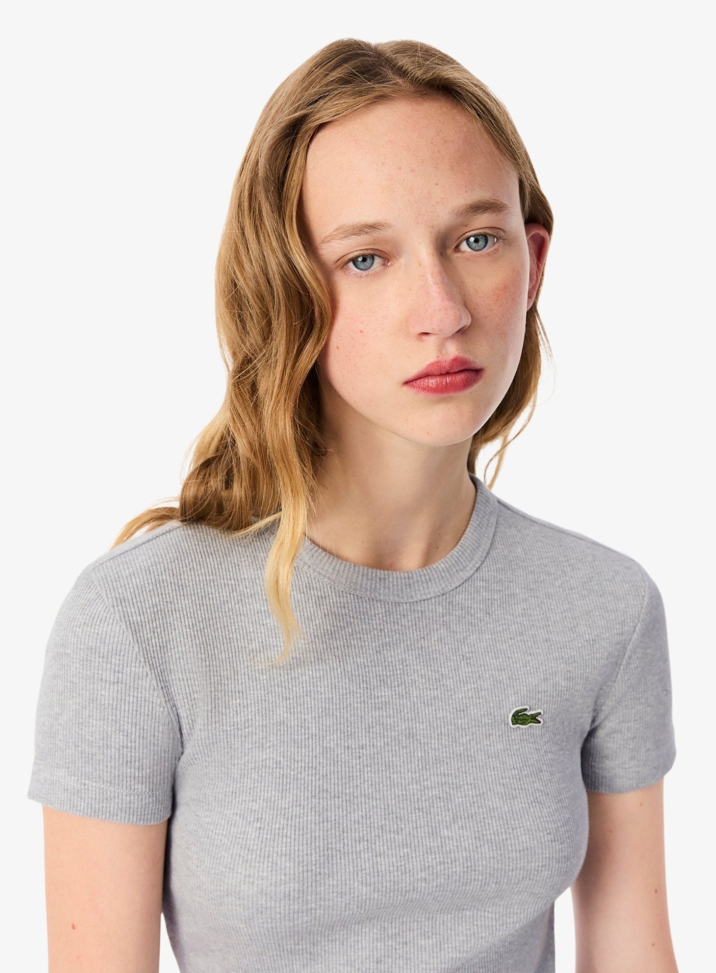 LACOSTE WOMEN Slim Fit Ribbed Cotton T-shirt Grey