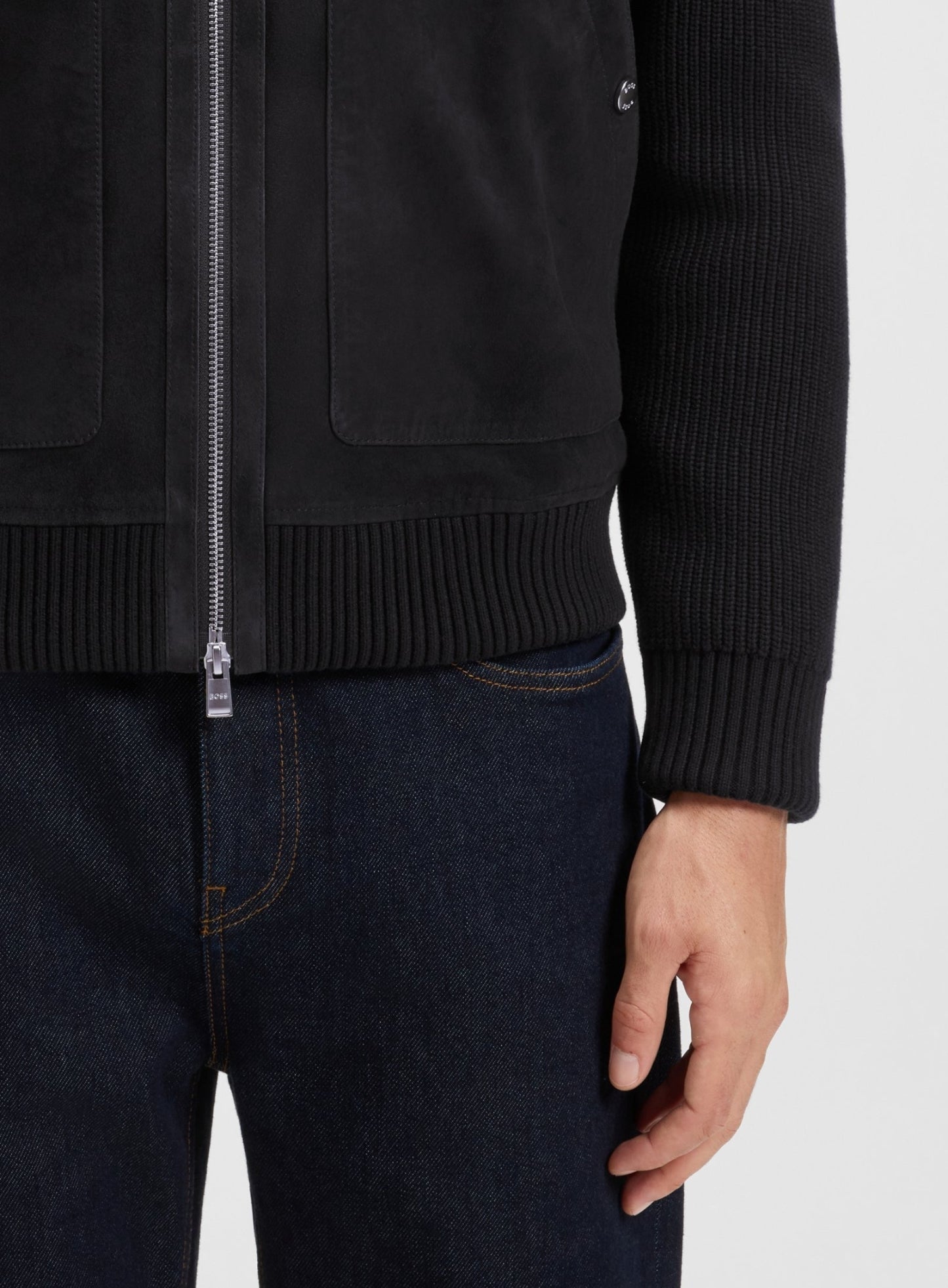 BOSS H-Maparo Suede Jacket With Cotton-Blend Sleeves Dark Blue