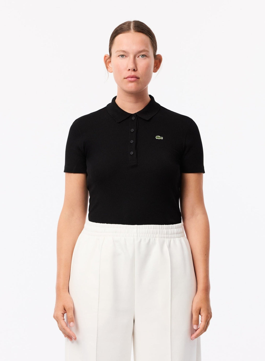 LACOSTE WOMEN Slim Fit L.12.D Ribbed Cotton Polo Shirt Black